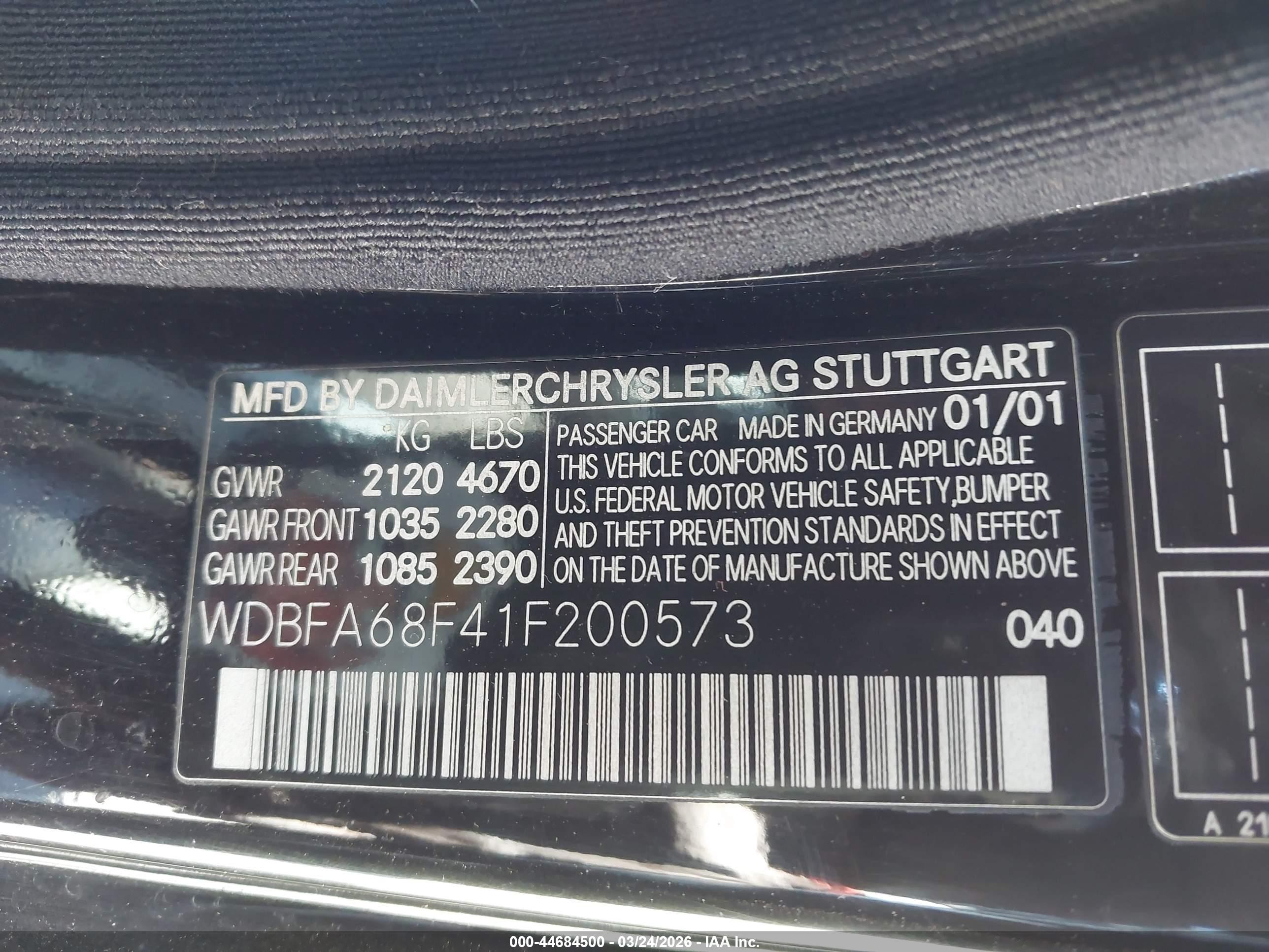 2001 Mercedes-benz Sl 500   Black vin: WDBFA68F41F200573