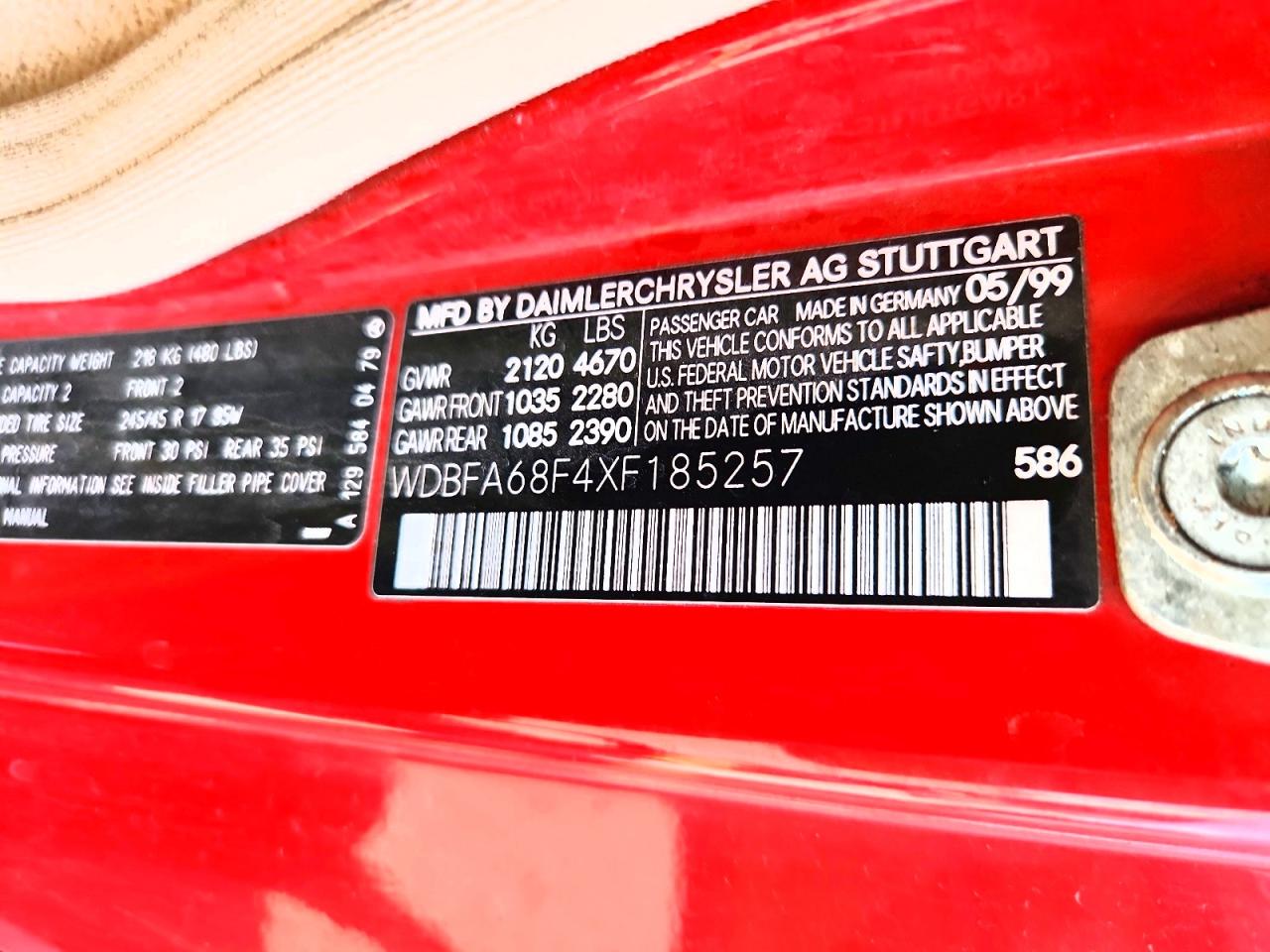 1999 Mercedes-benz Sl 500 Red vin: WDBFA68F4XF185257