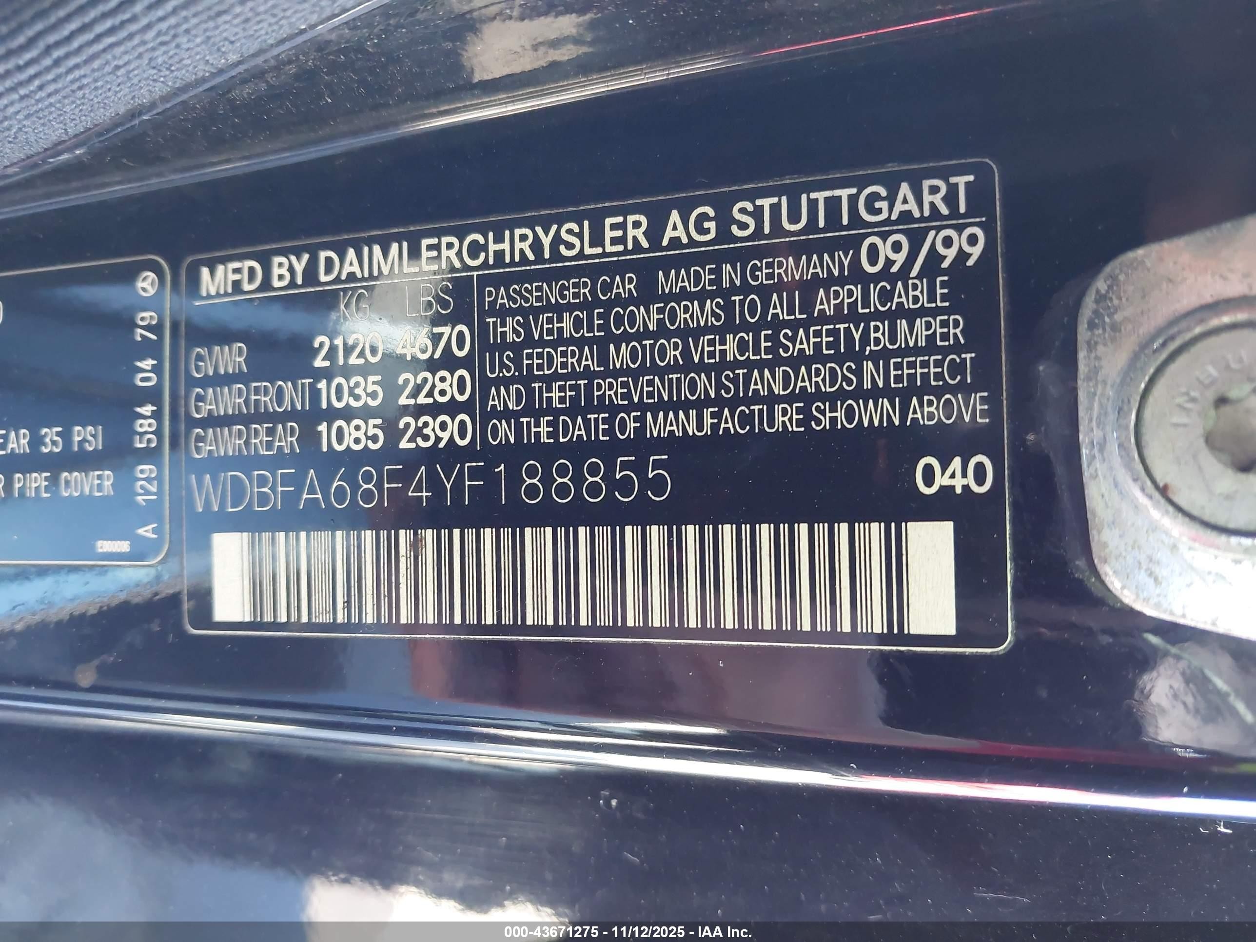2000 Mercedes-benz Sl 500   Black vin: WDBFA68F4YF188855