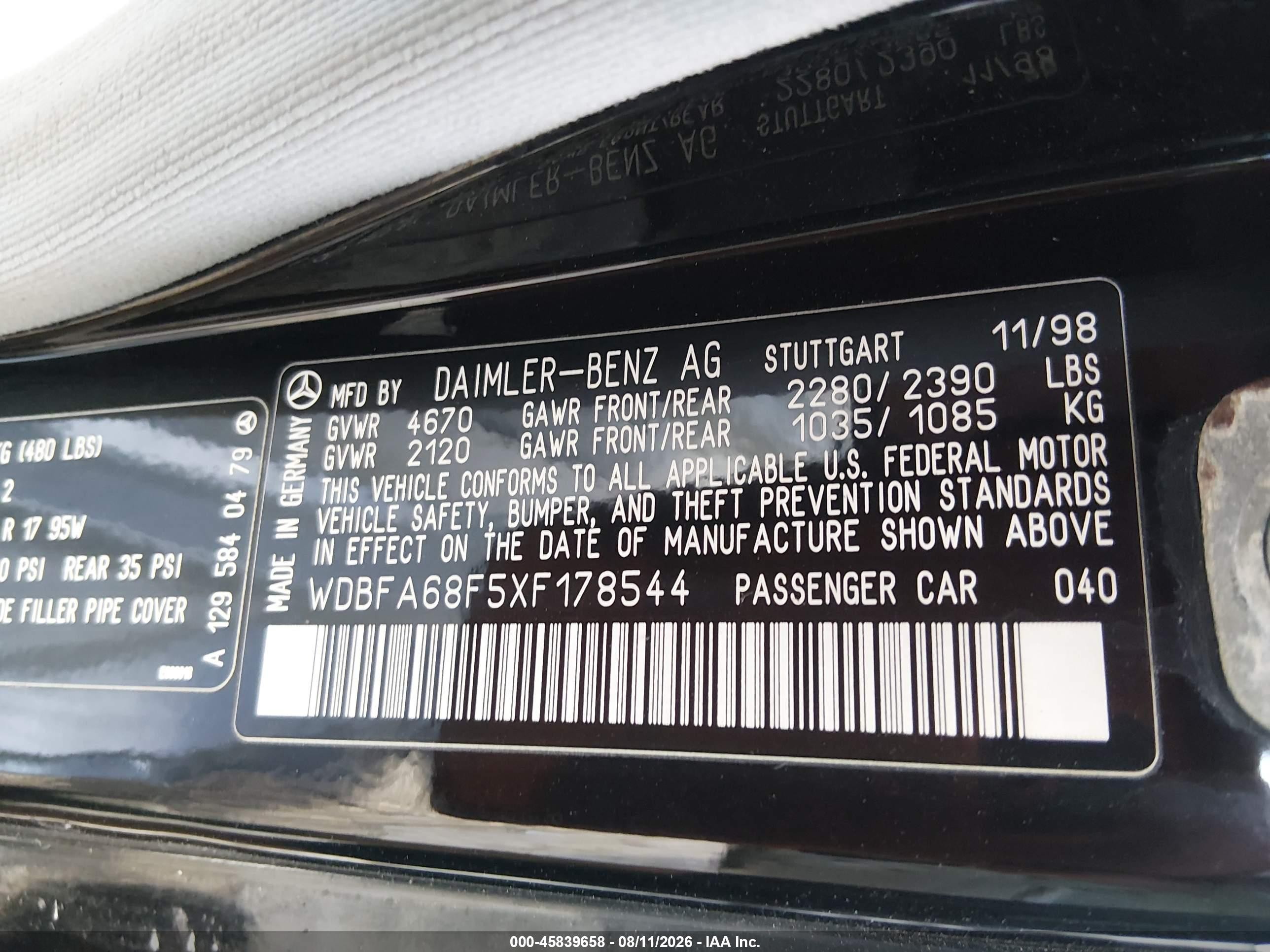 1999 Mercedes-benz Sl 500   Black vin: WDBFA68F5XF178544
