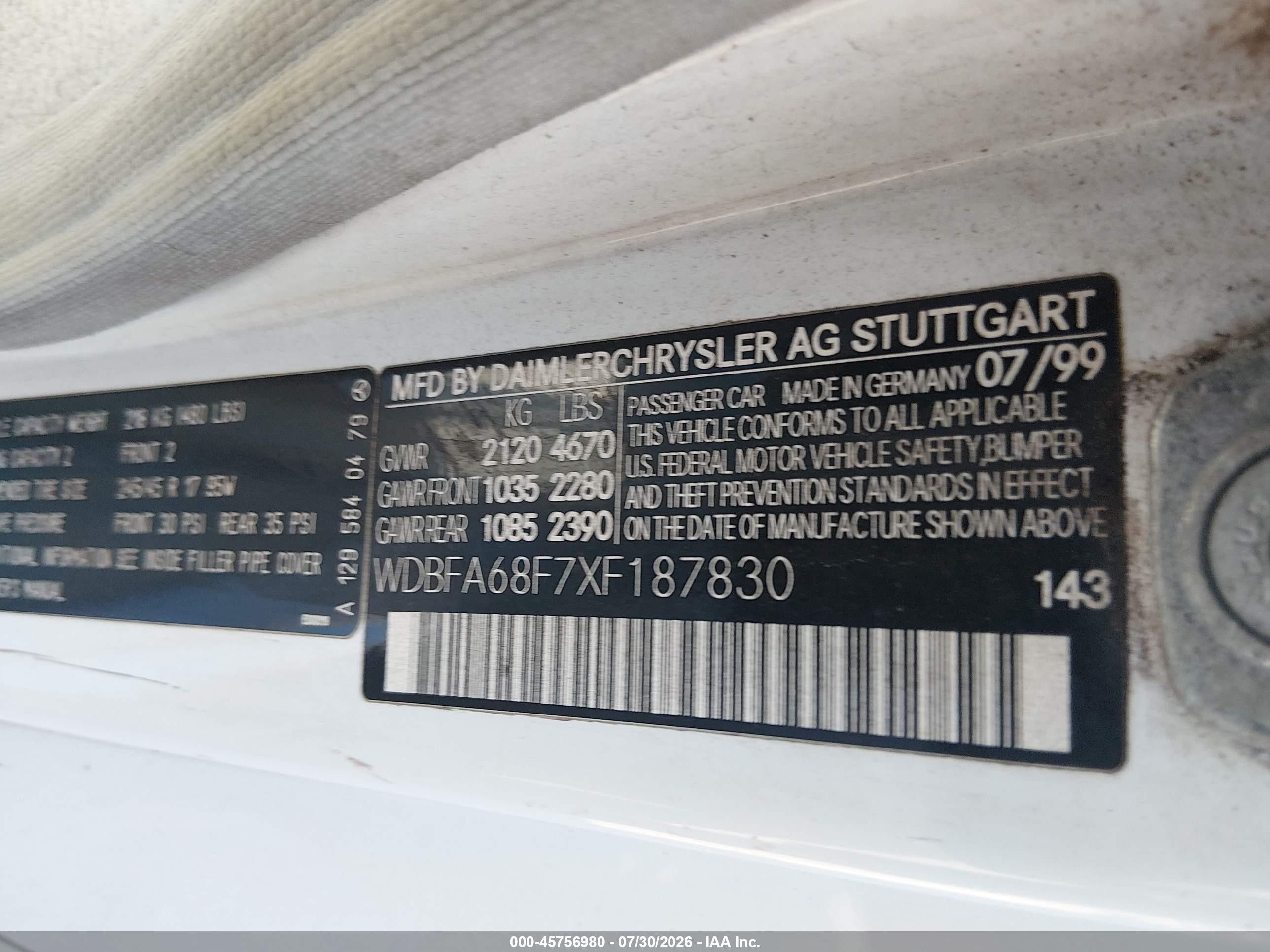 1999 Mercedes-benz Sl 500 White vin: WDBFA68F7XF187830