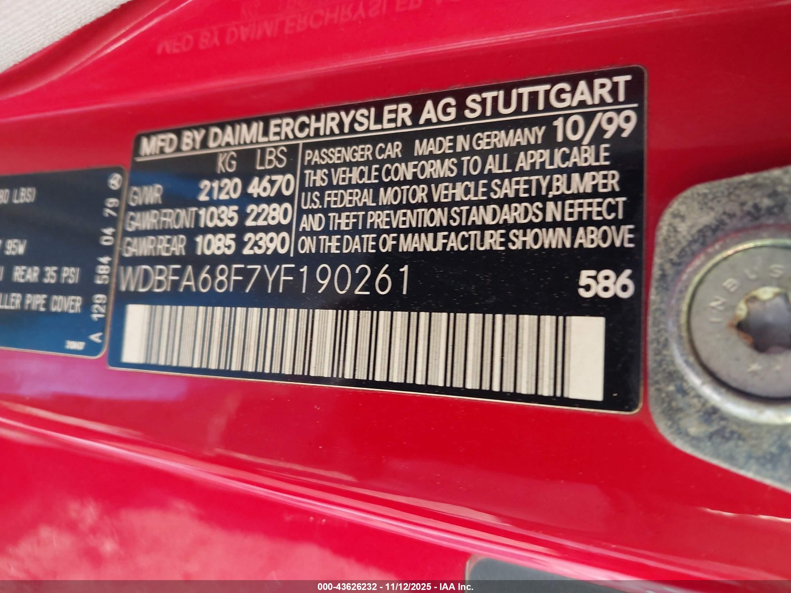 2000 Mercedes-benz Sl 500   Красный vin: WDBFA68F7YF190261