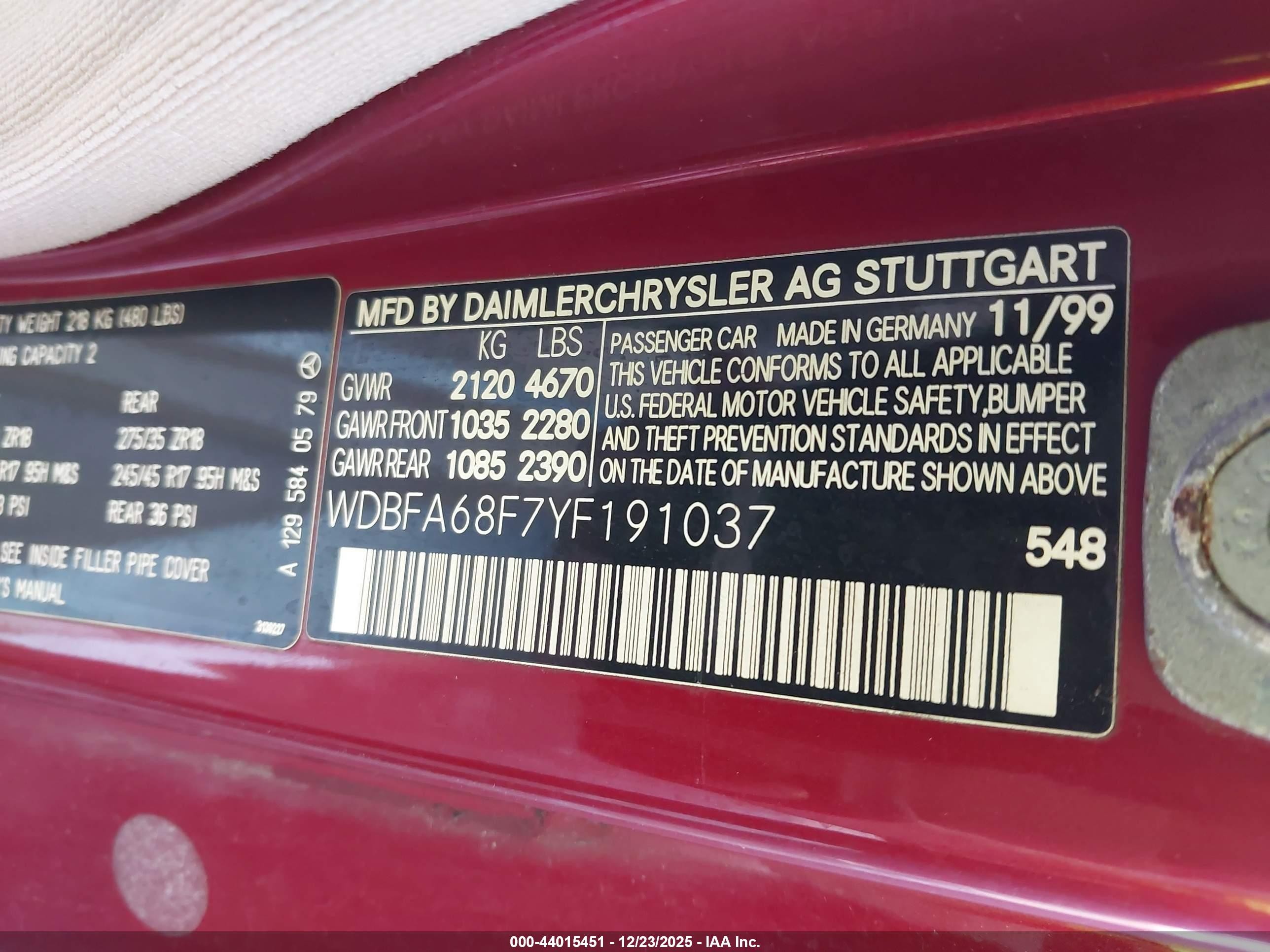 2000 Mercedes-benz Sl 500   Red vin: WDBFA68F7YF191037