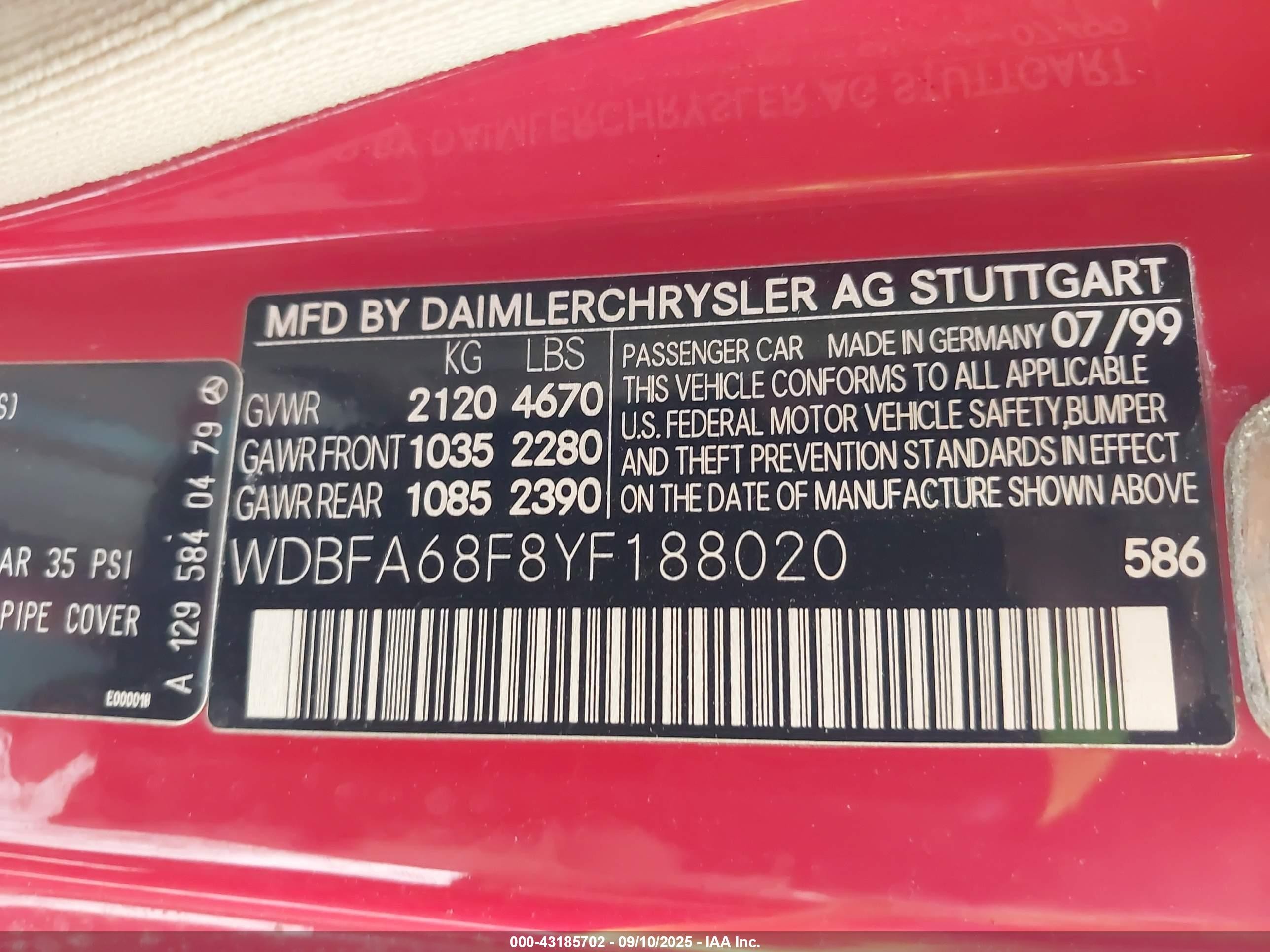 2000 Mercedes-benz Sl 500   Red vin: WDBFA68F8YF188020
