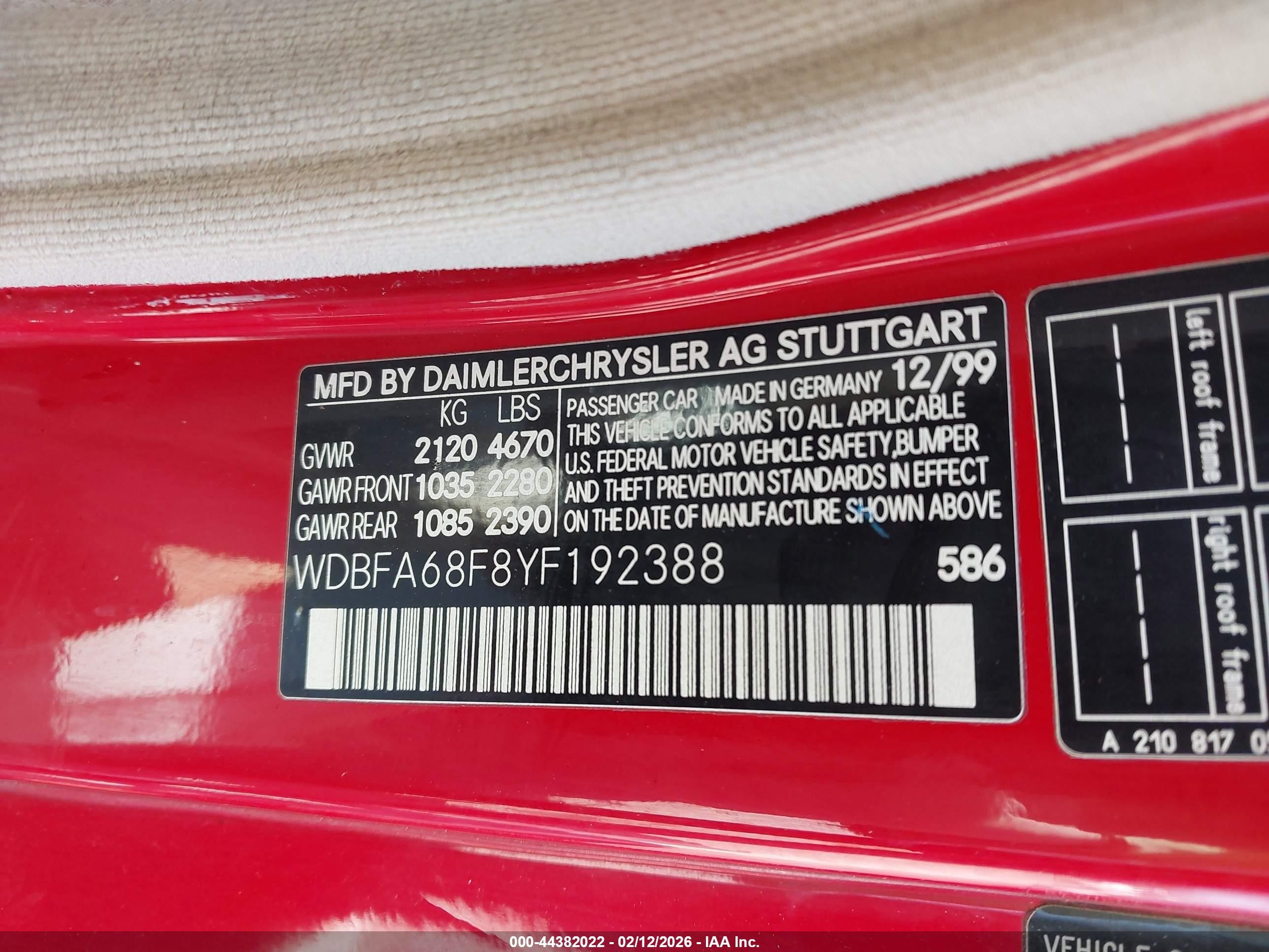 2000 Mercedes-benz Sl 500   Red vin: WDBFA68F8YF192388