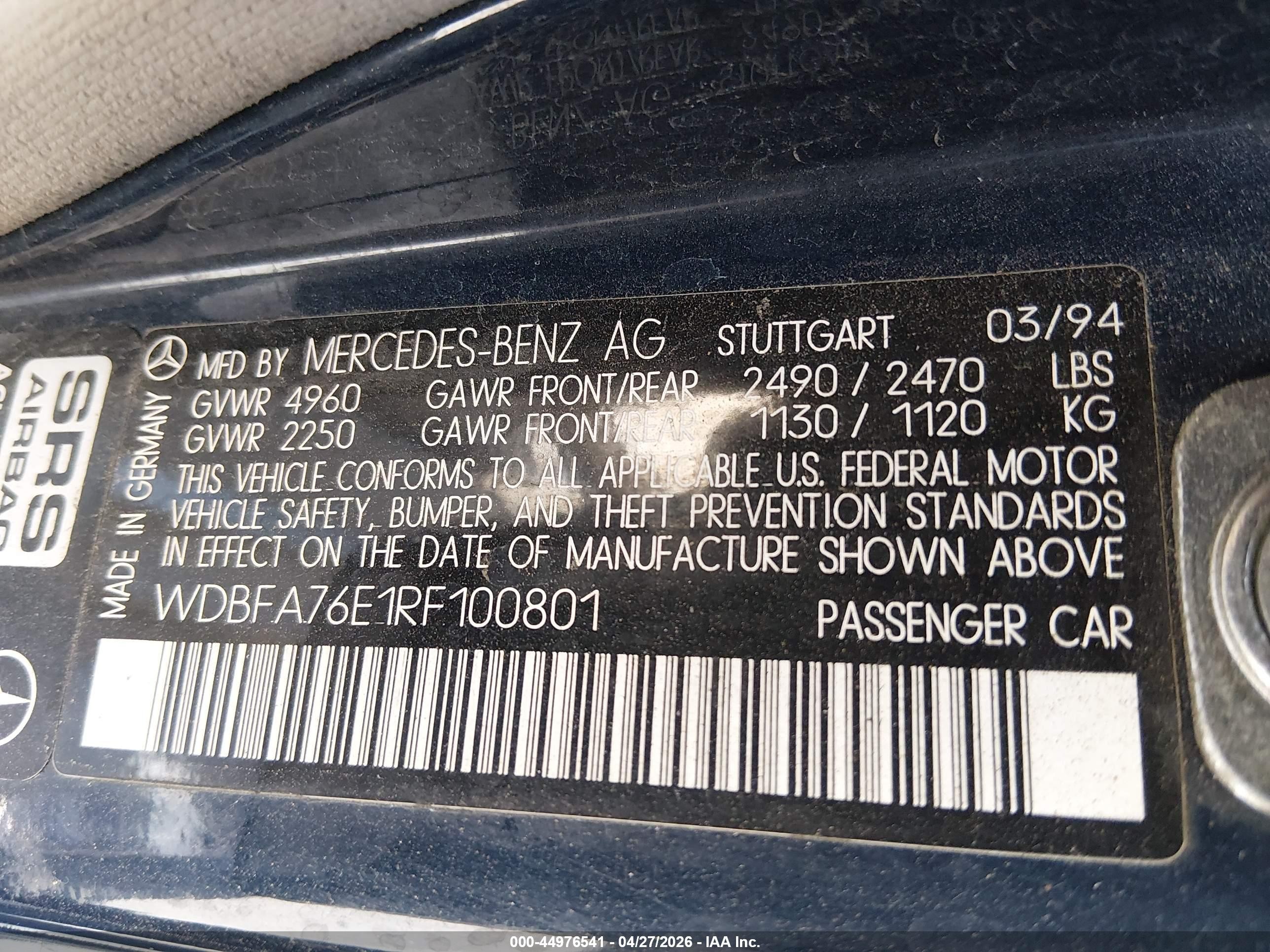 1994 Mercedes-benz Sl 600 Blue vin: WDBFA76E1RF100801