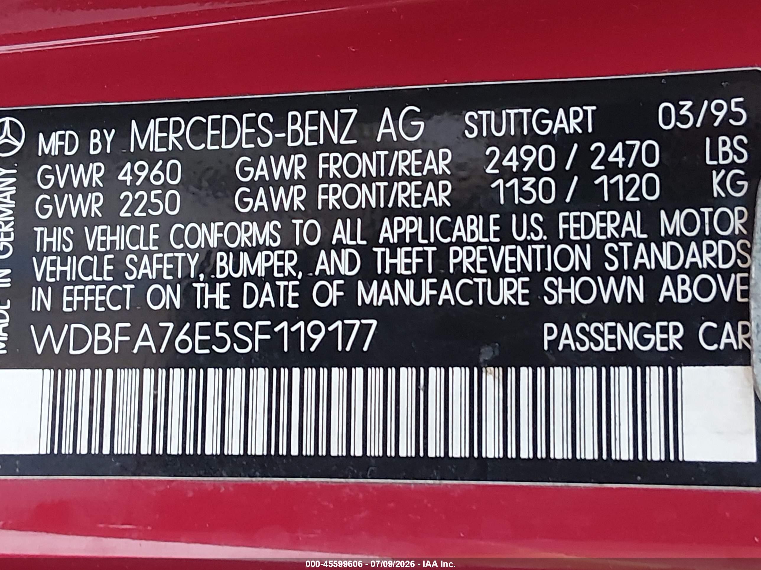 1995 Mercedes-benz Sl 600 Red vin: WDBFA76E5SF119177