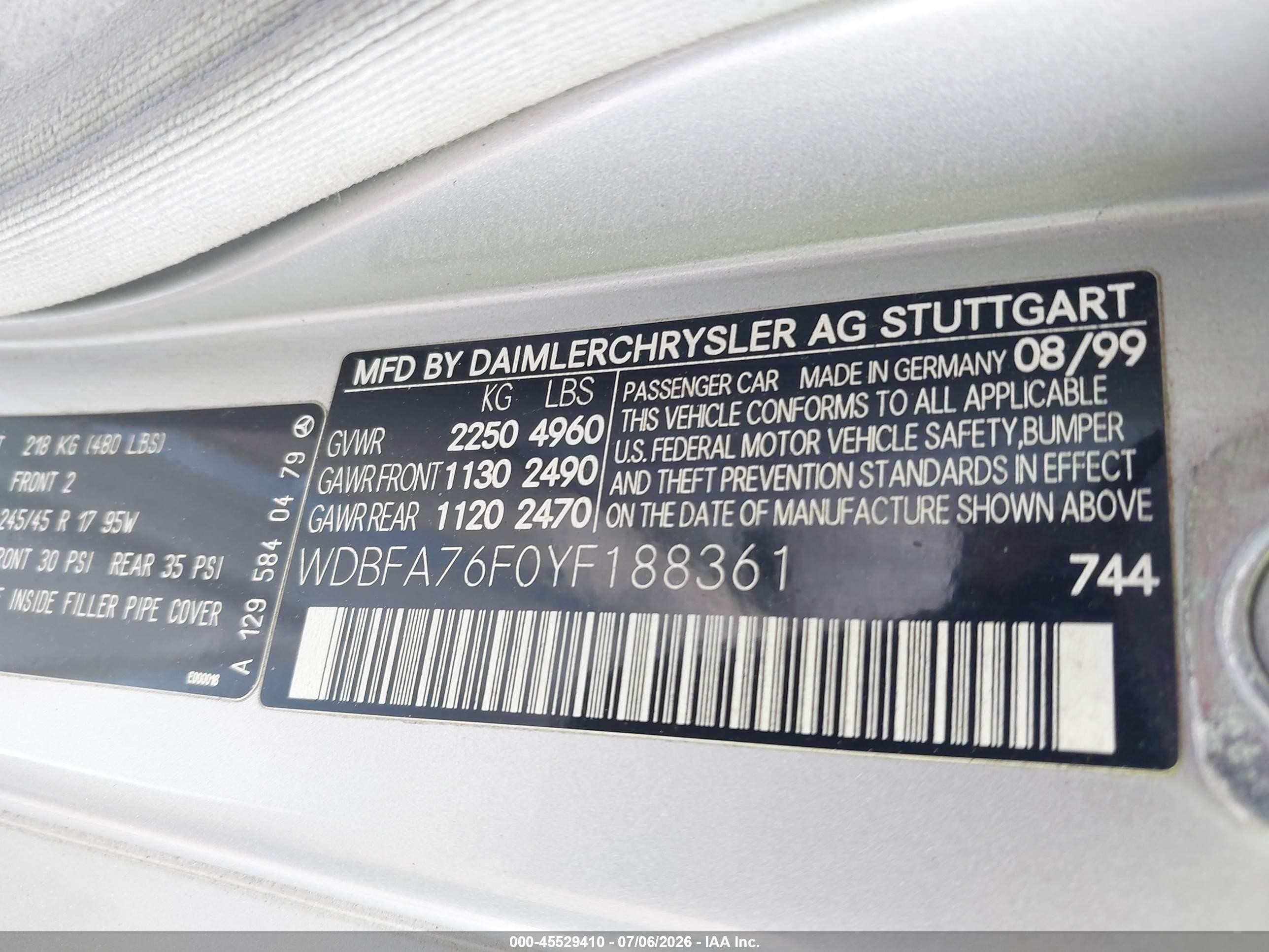 2000 Mercedes-benz Sl 600 Серебряный vin: WDBFA76F0YF188361
