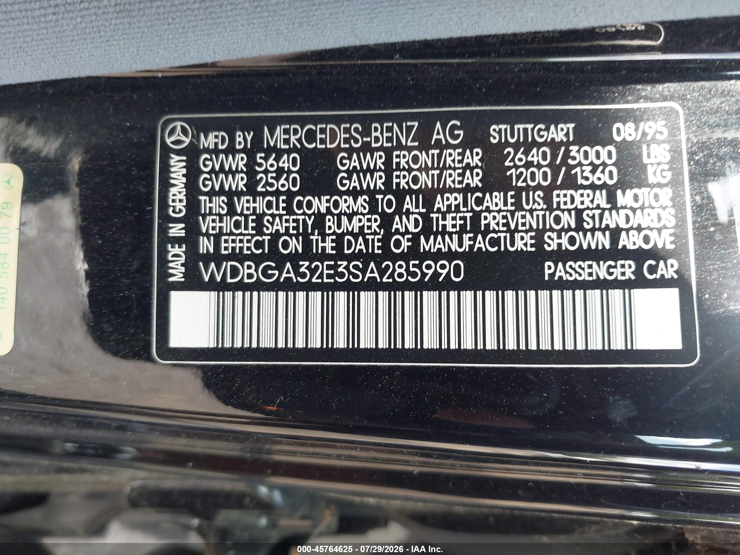 1995 Mercedes-benz S 320w Black vin: WDBGA32E3SA285990