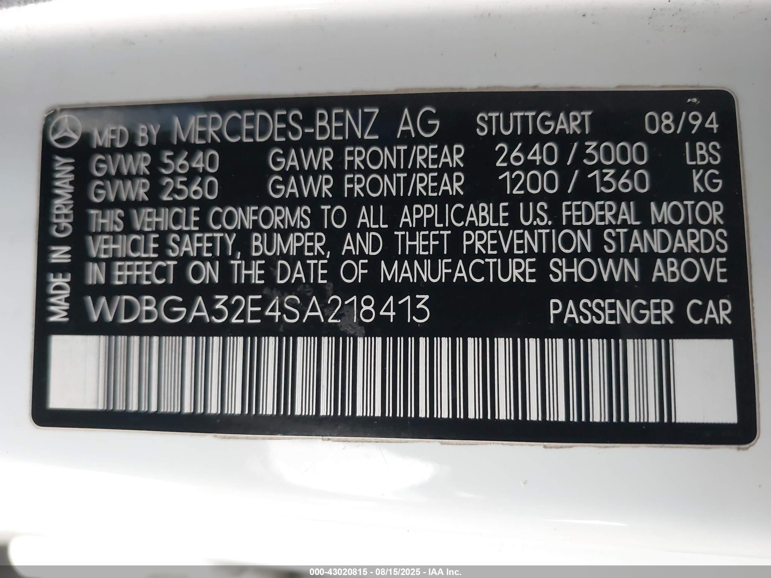 1995 Mercedes-benz S 320w White vin: WDBGA32E4SA218413