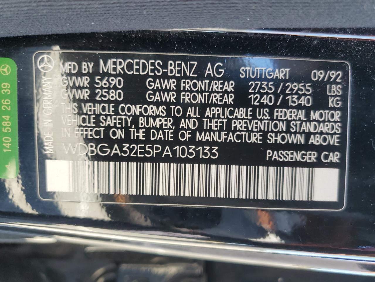1993 Mercedes-benz 300 Se Black vin: WDBGA32E5PA103133