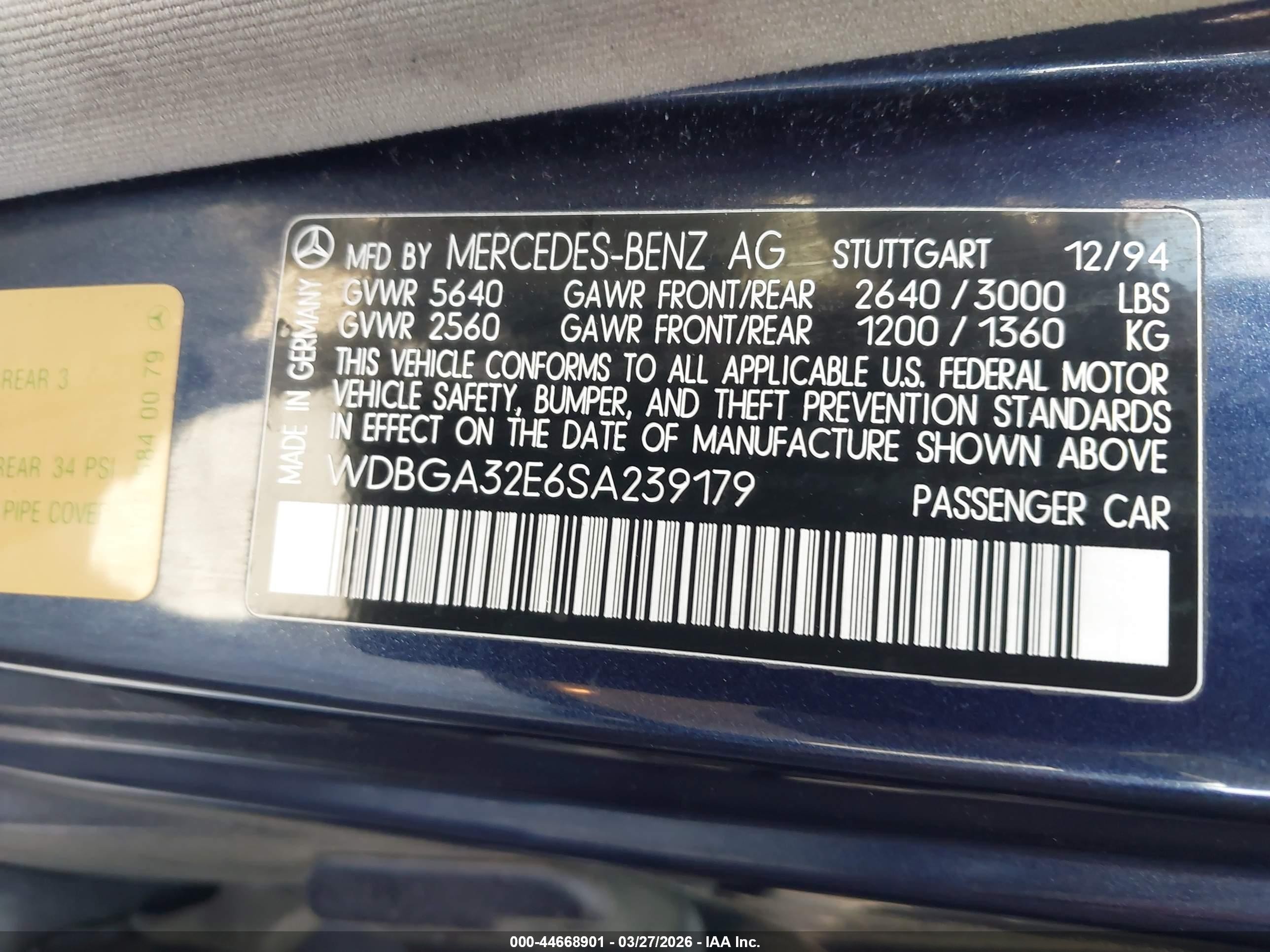 1995 Mercedes-benz S 320w Синий vin: WDBGA32E6SA239179