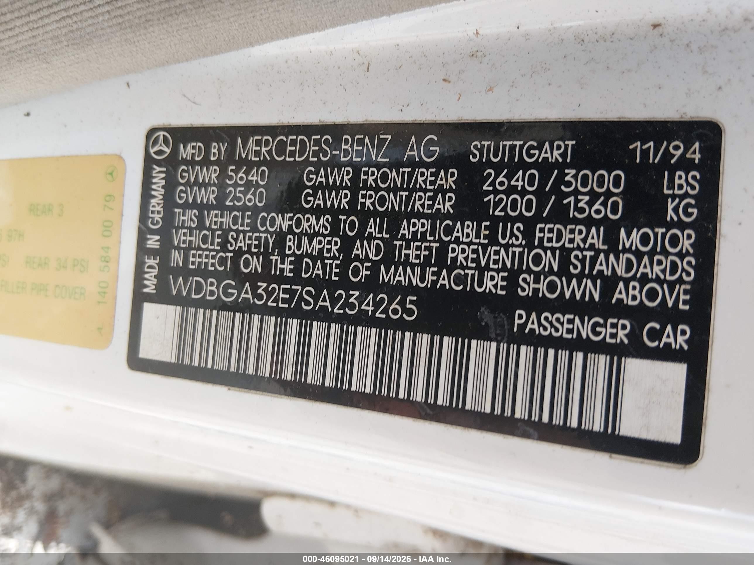 1995 Mercedes-benz S 320w White vin: WDBGA32E7SA234265