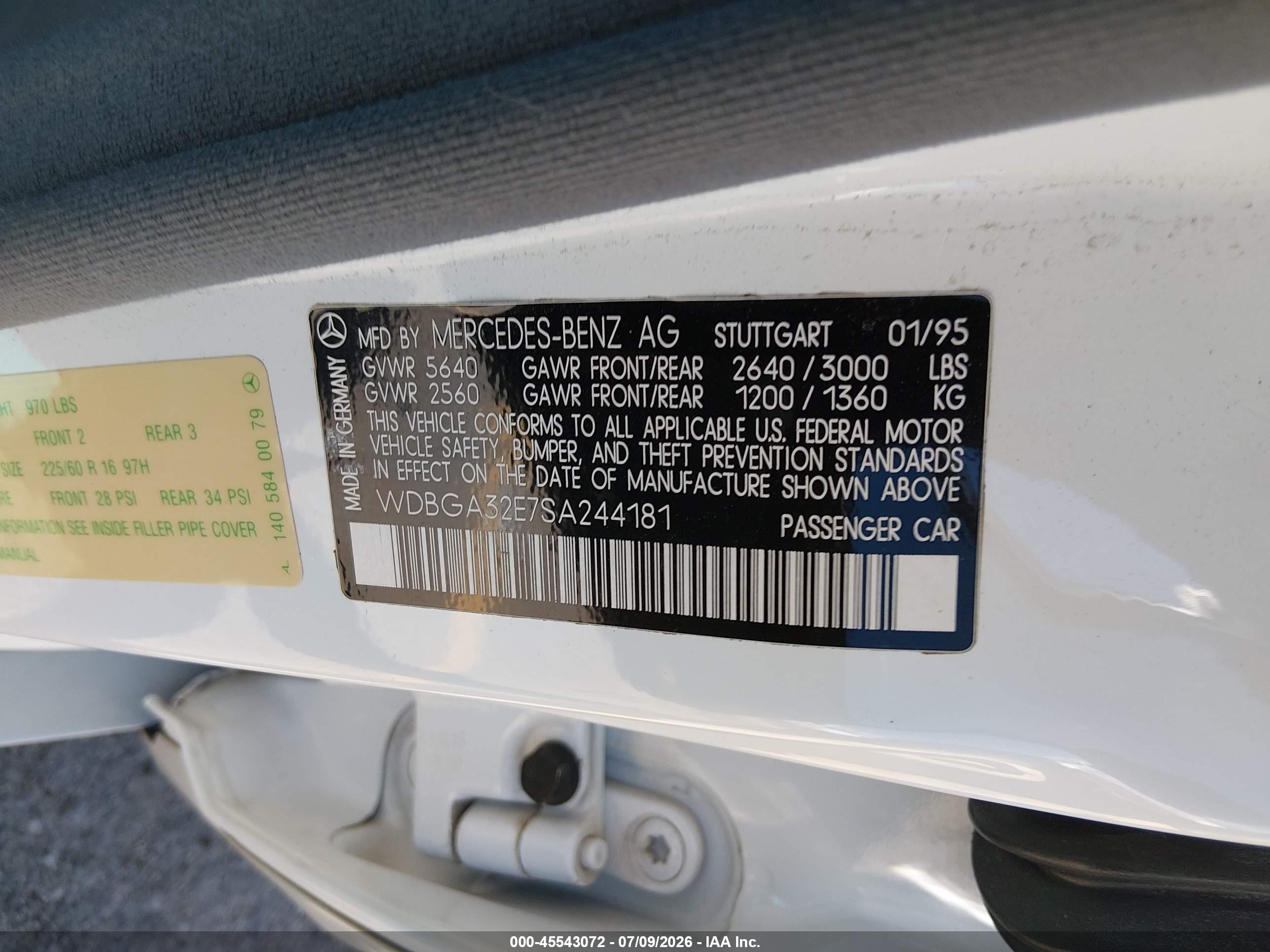 1995 Mercedes-benz S 320w White vin: WDBGA32E7SA244181