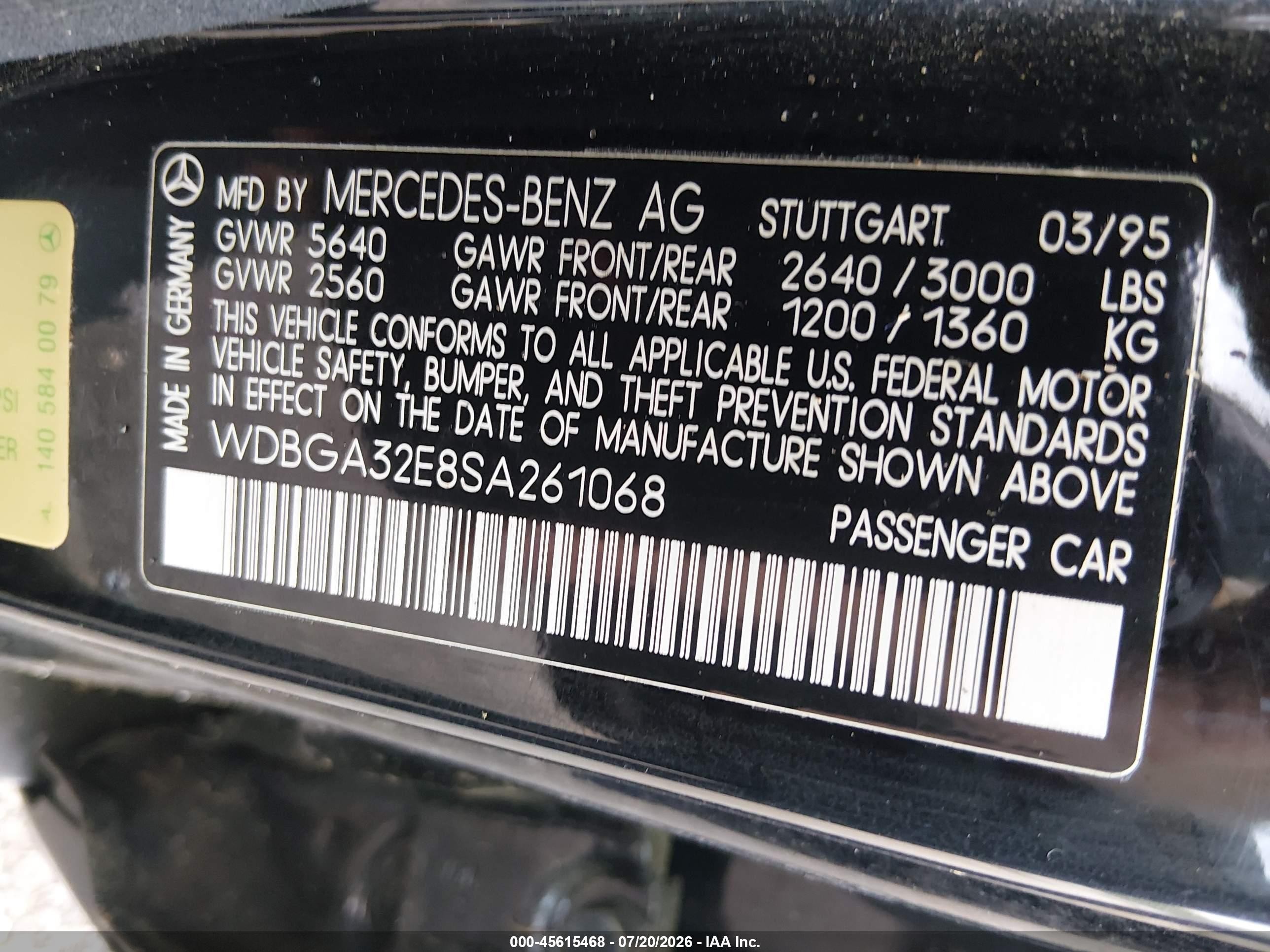 1995 Mercedes-benz S 320w Black vin: WDBGA32E8SA261068