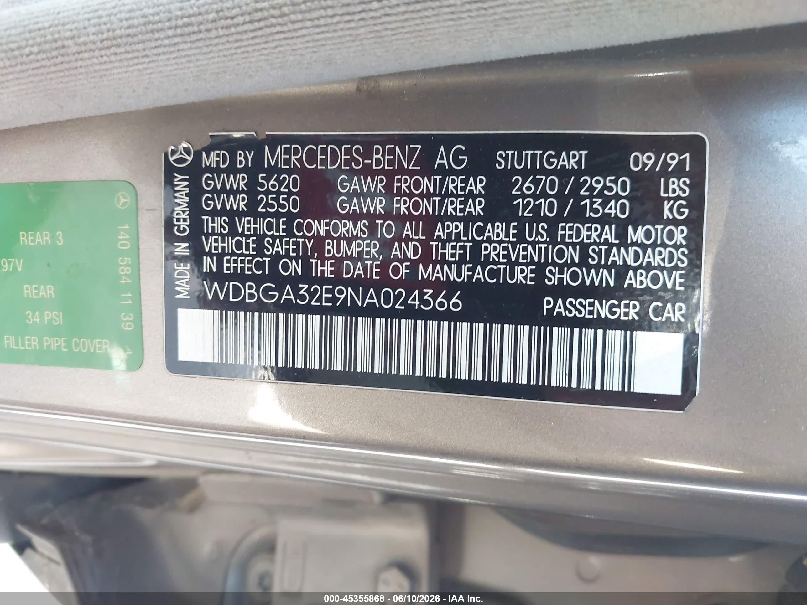 1992 Mercedes-benz 300 Se Gold vin: WDBGA32E9NA024366
