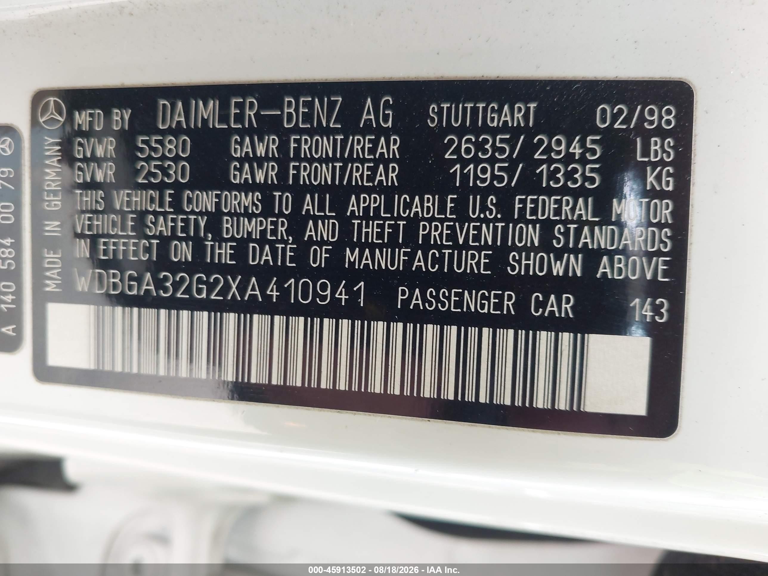 1999 Mercedes-benz S 320   White vin: WDBGA32G2XA410941