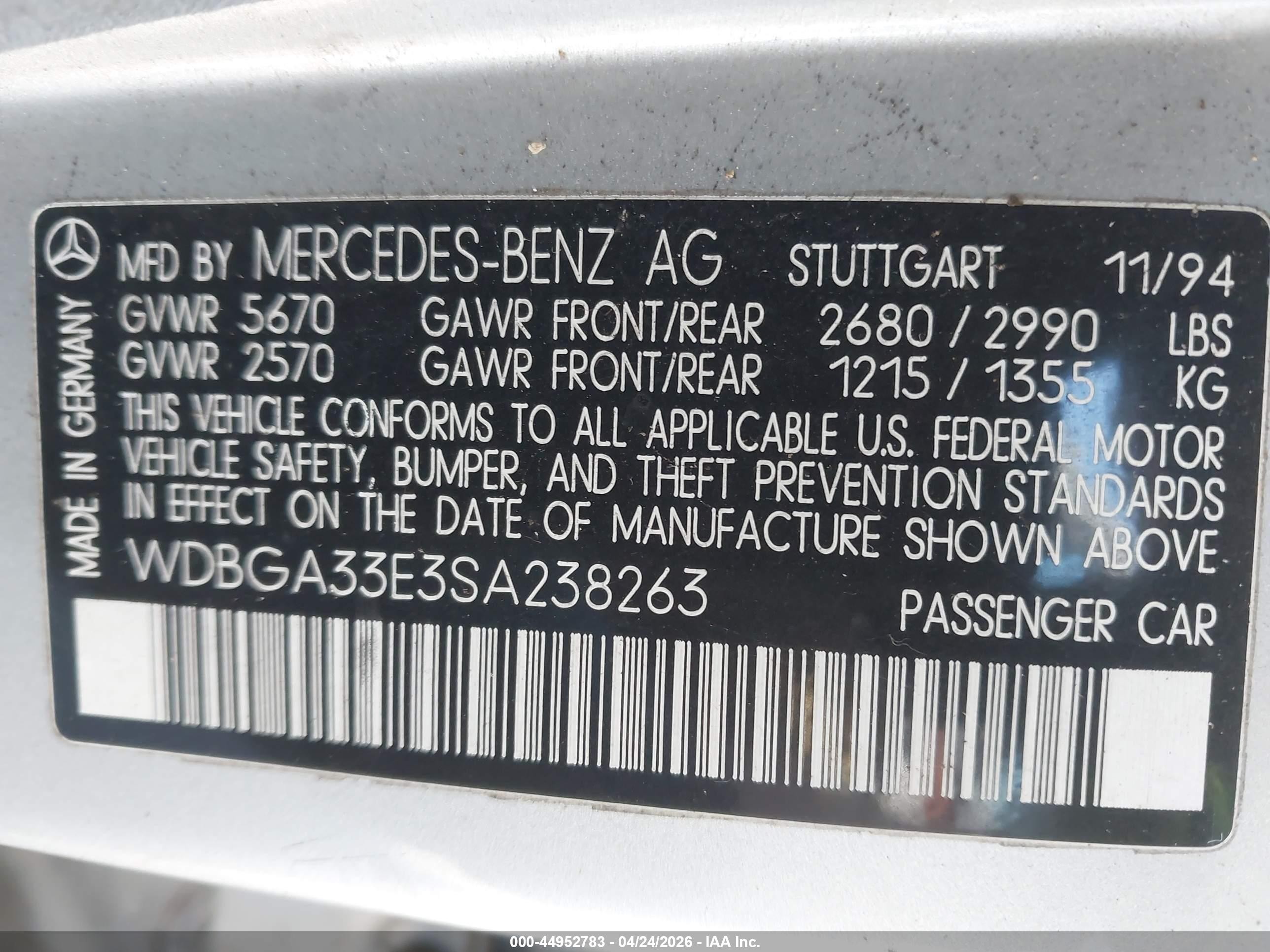 1995 Mercedes-benz S 320 Silver vin: WDBGA33E3SA238263