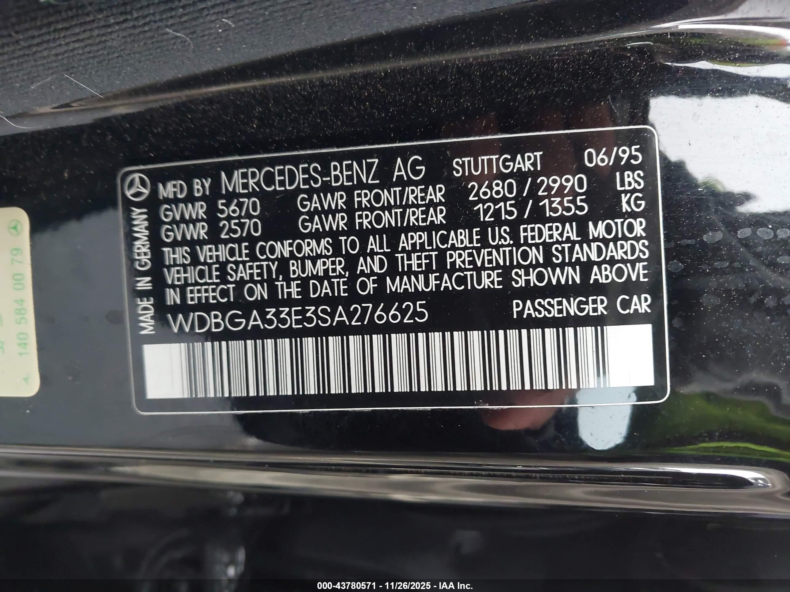 1995 Mercedes-benz S 320 Black vin: WDBGA33E3SA276625