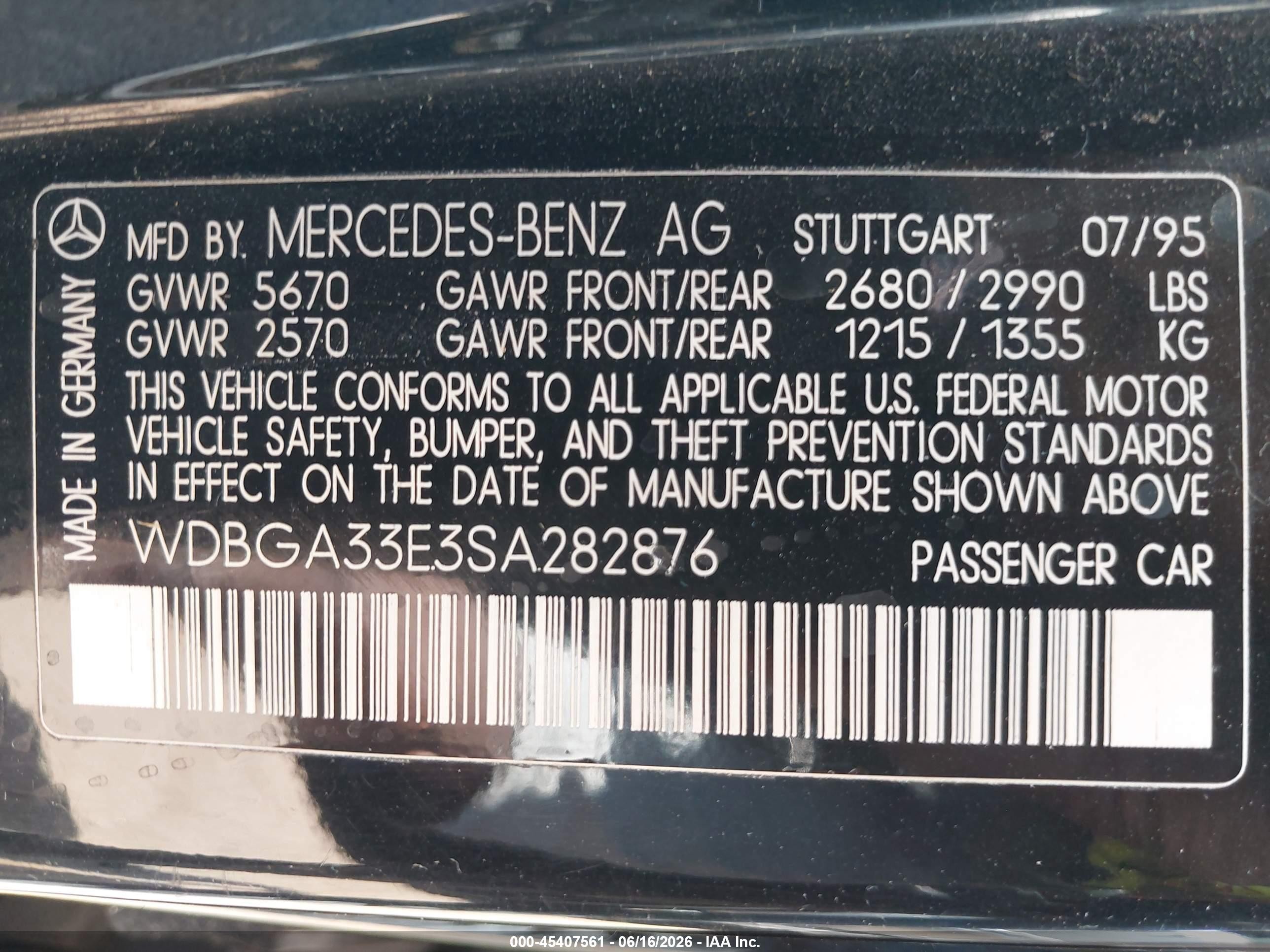 1995 Mercedes-benz S 320 Черный vin: WDBGA33E3SA282876