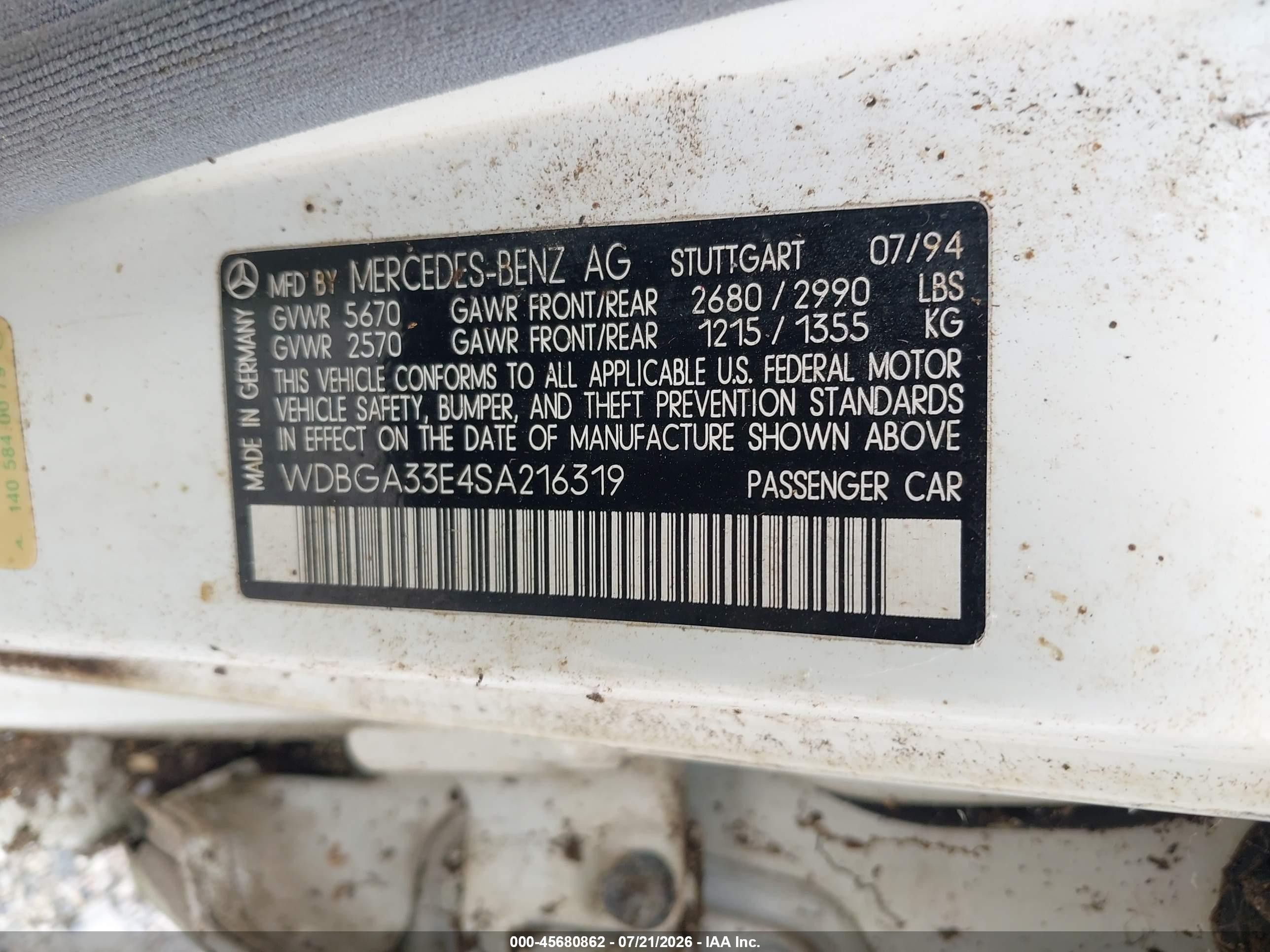 1995 Mercedes-benz S 320 White vin: WDBGA33E4SA216319