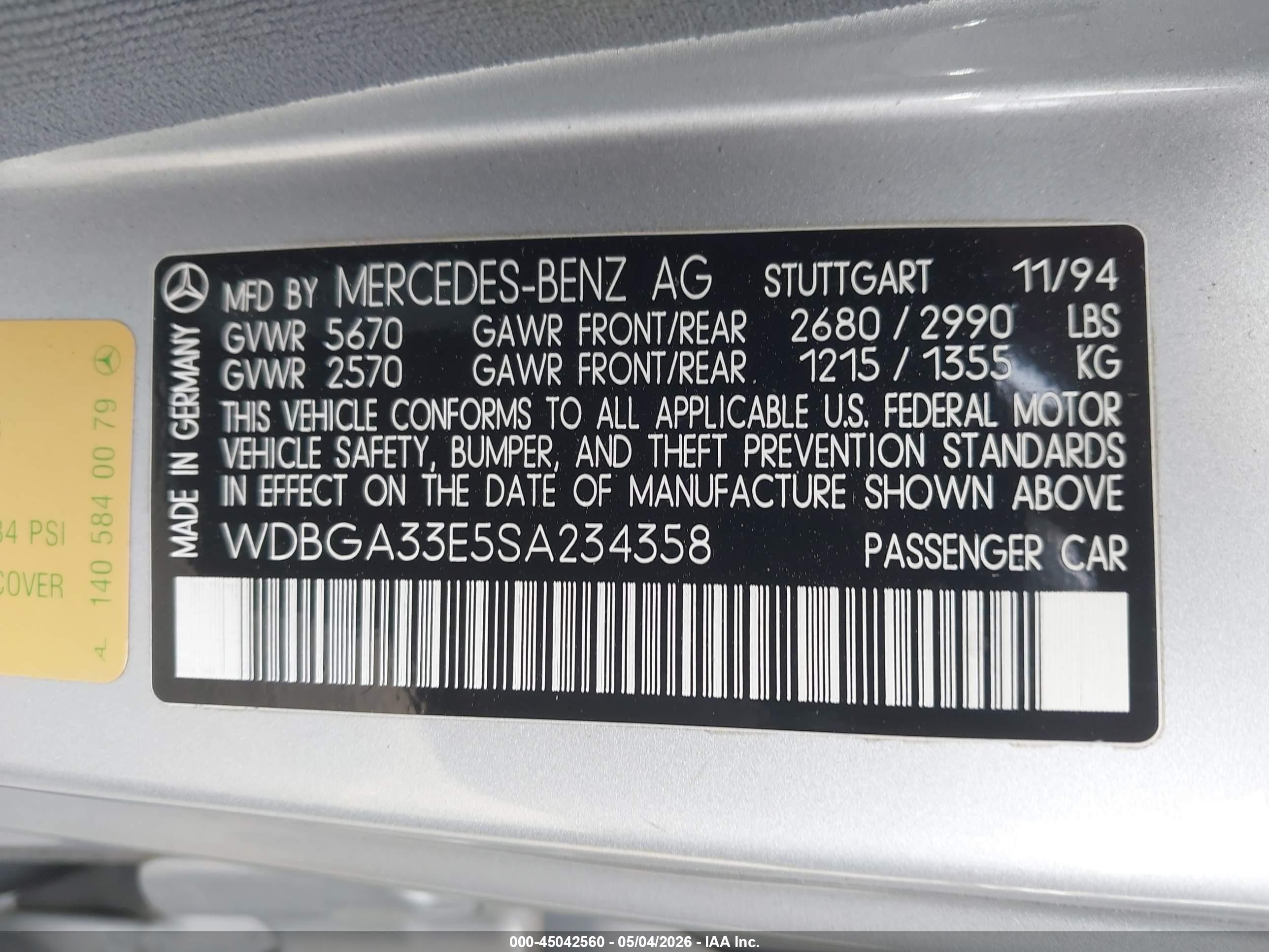 1995 Mercedes-benz S 320 Silver vin: WDBGA33E5SA234358