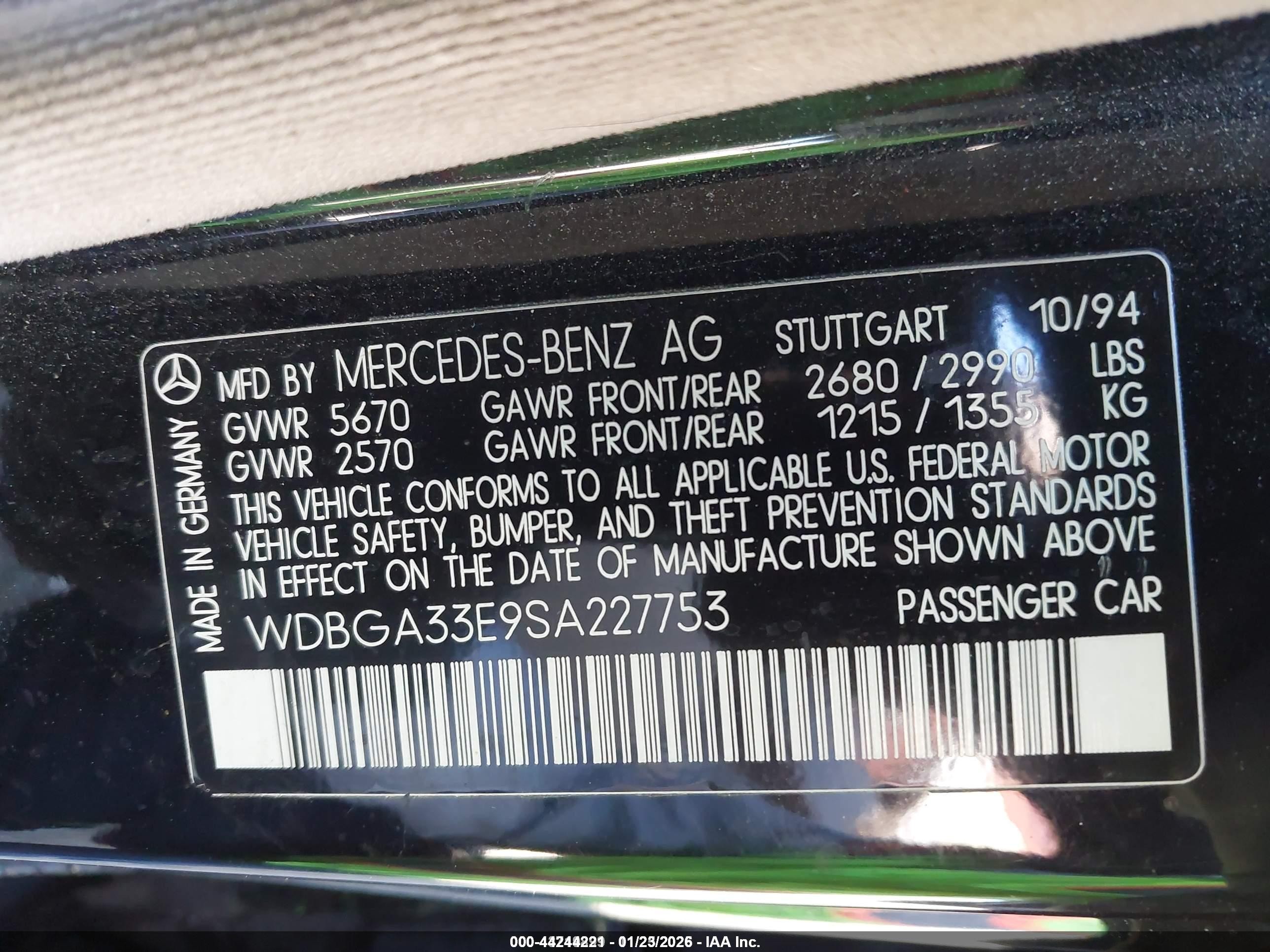 1995 Mercedes-benz S 320 Black vin: WDBGA33E9SA227753