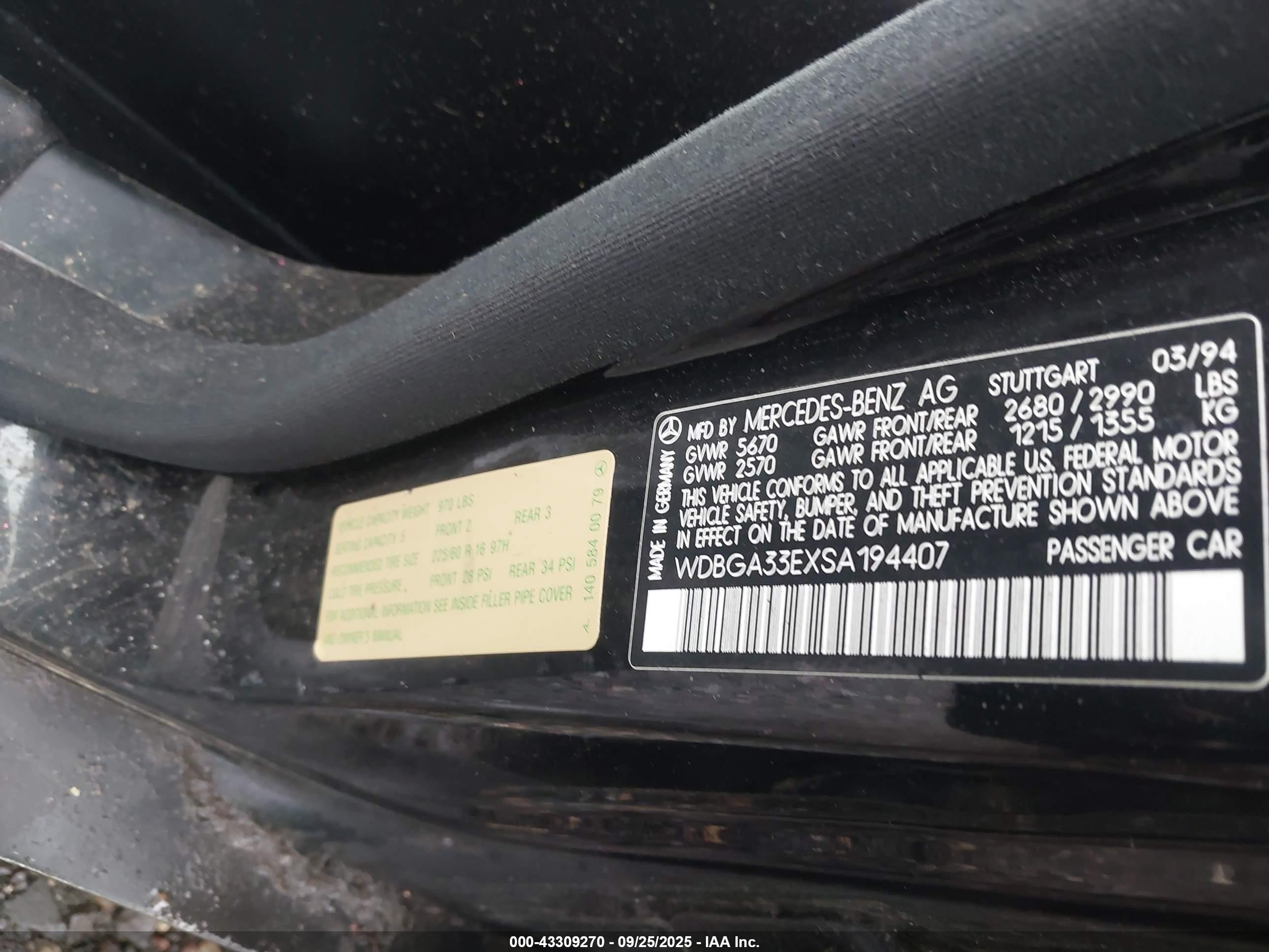 1995 Mercedes-benz S 320 Black vin: WDBGA33EXSA194407