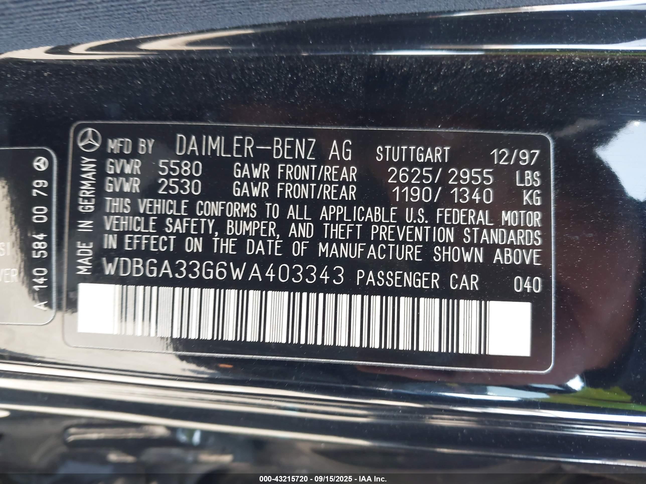 1998 Mercedes-benz S 320   Черный vin: WDBGA33G6WA403343