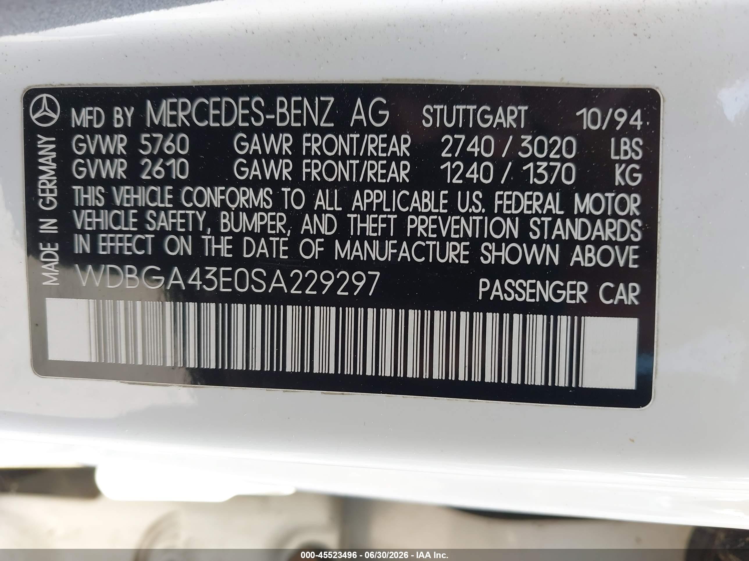1995 Mercedes-benz S 420 Белый vin: WDBGA43E0SA229297