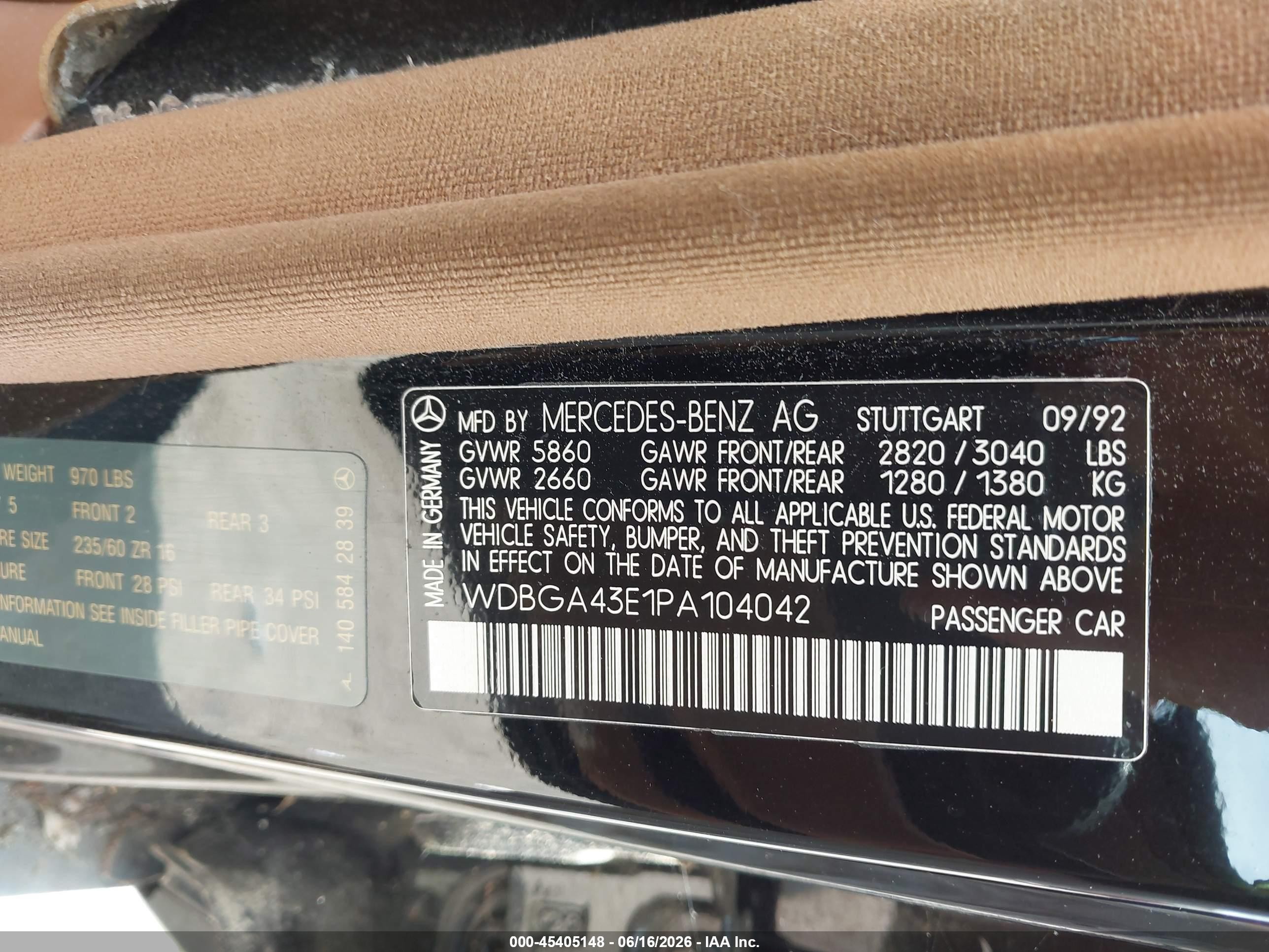 1993 Mercedes-benz 400 Sel Black vin: WDBGA43E1PA104042