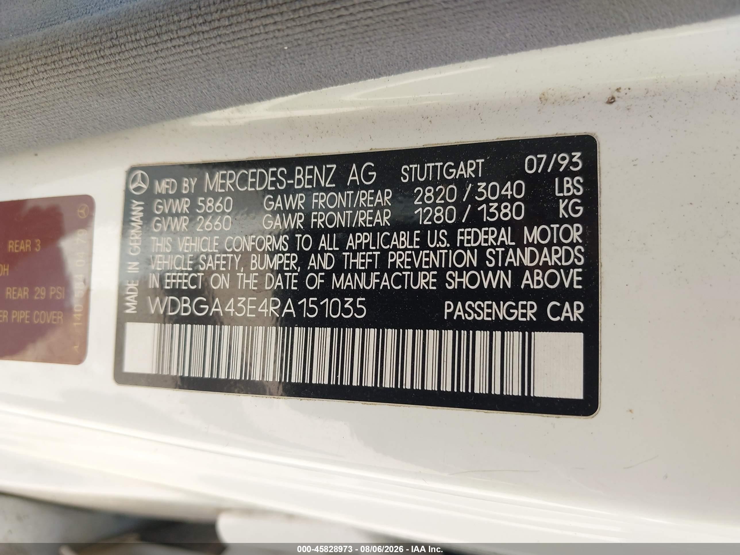 1994 Mercedes-benz S 420 White vin: WDBGA43E4RA151035