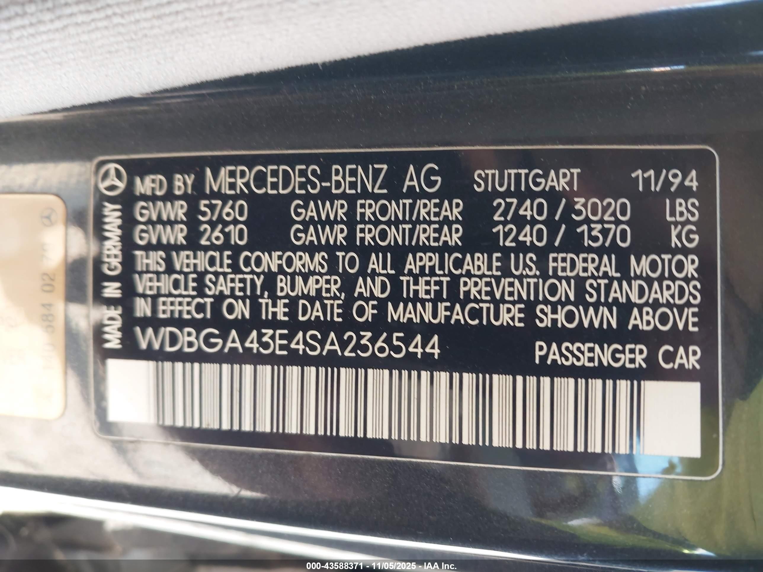 1995 Mercedes-benz S 420 Black vin: WDBGA43E4SA236544