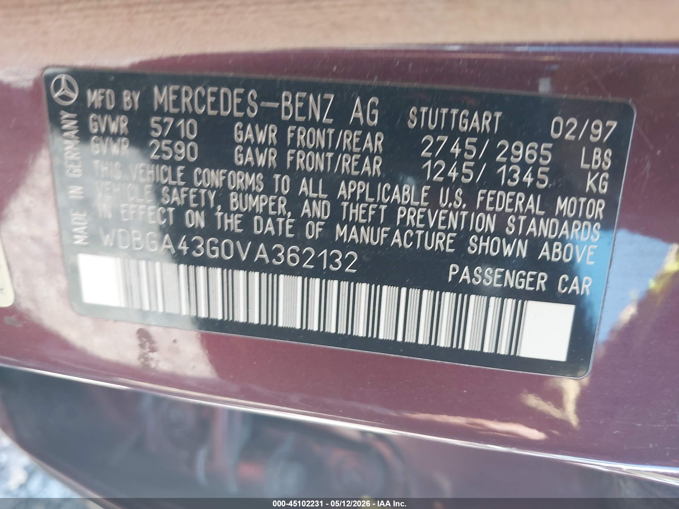 1997 Mercedes-benz S 420   Maroon vin: WDBGA43G0VA362132