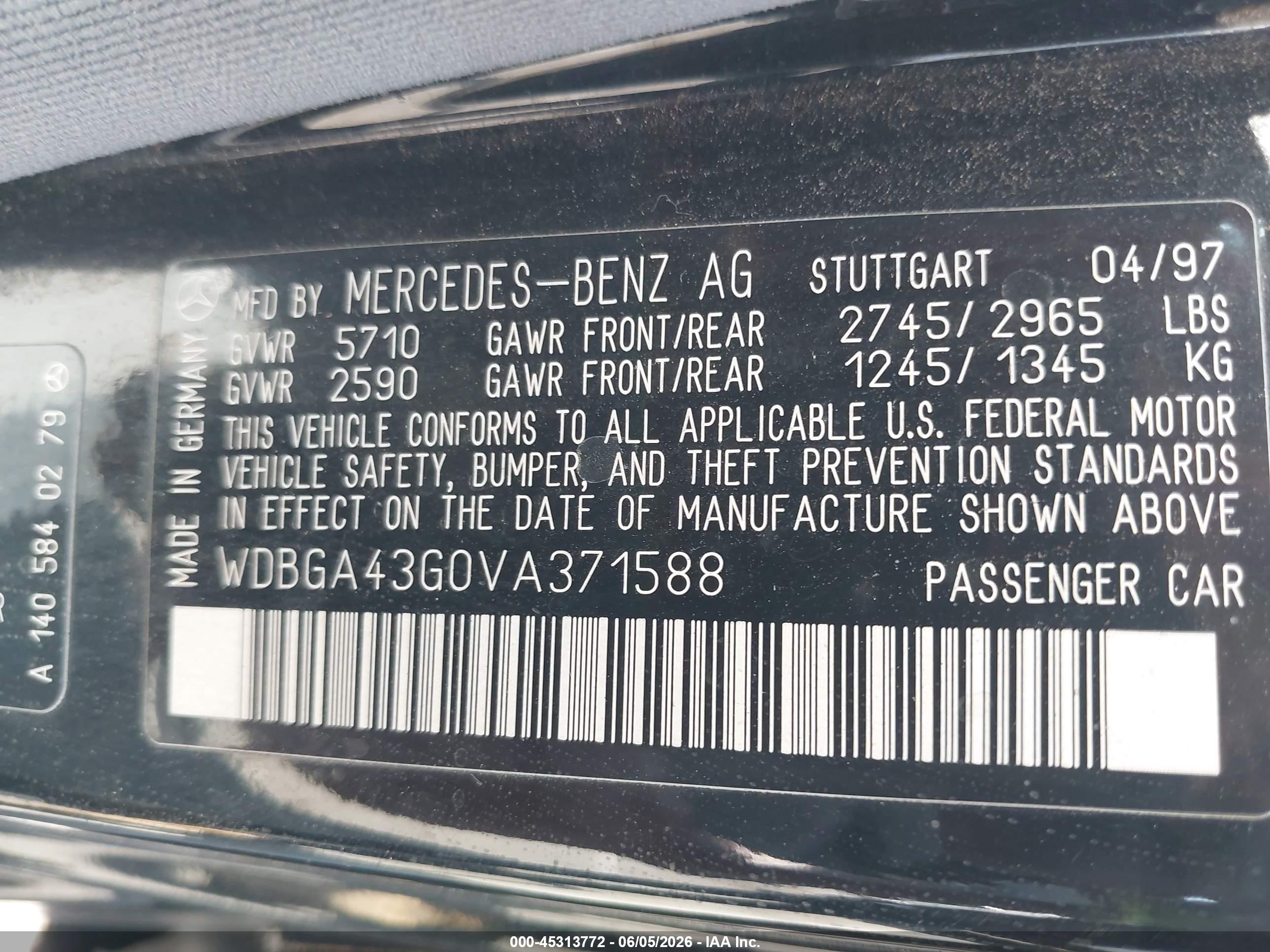 1997 Mercedes-benz S 420   Черный vin: WDBGA43G0VA371588