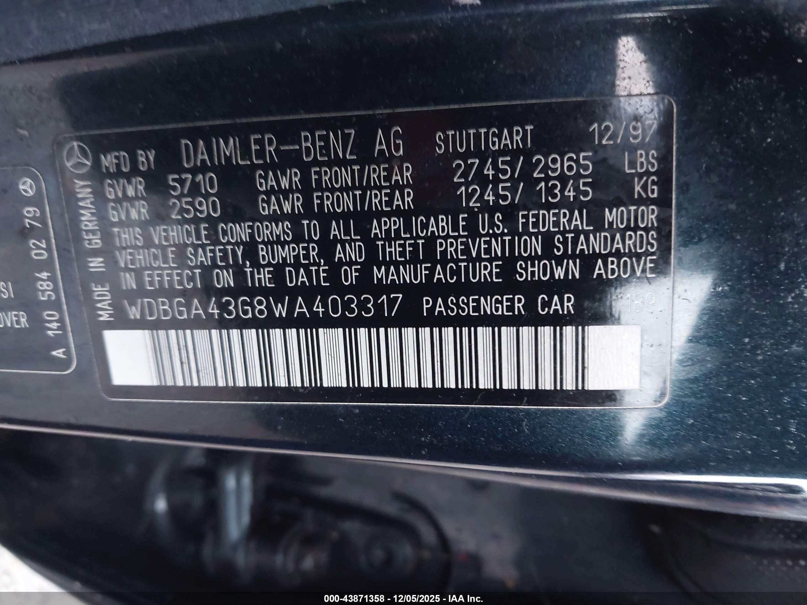 1998 Mercedes-benz S 420   Blue vin: WDBGA43G8WA403317