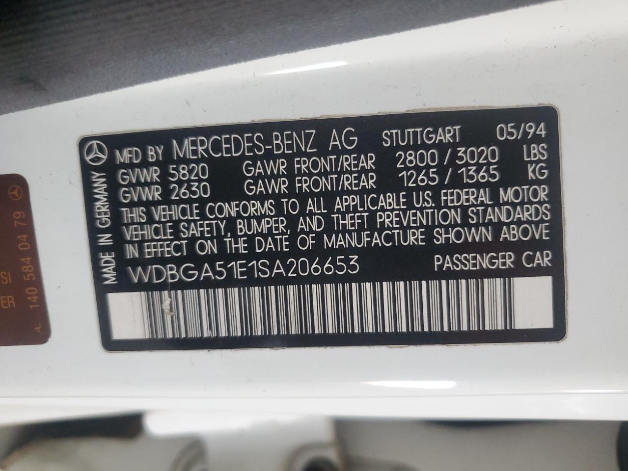 1995 Mercedes-benz S 500 White vin: WDBGA51E1SA206653