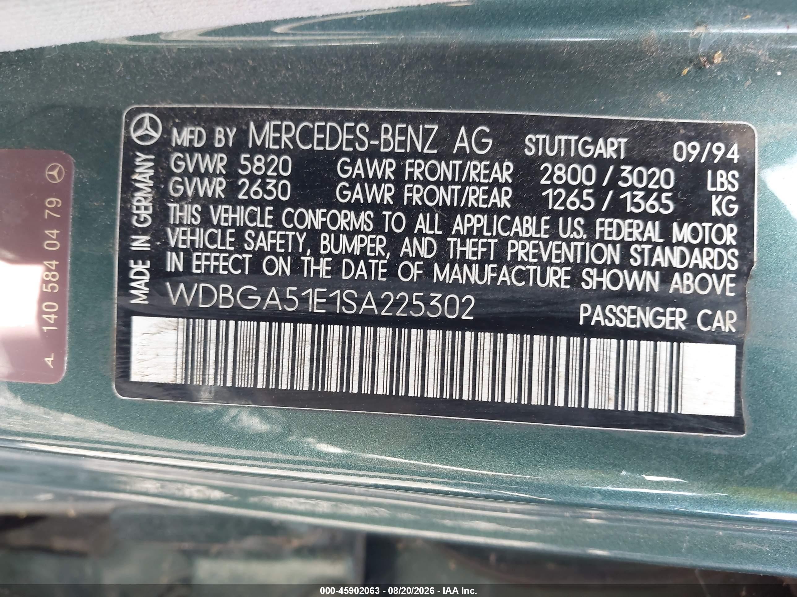 1995 Mercedes-benz S 500 Green vin: WDBGA51E1SA225302