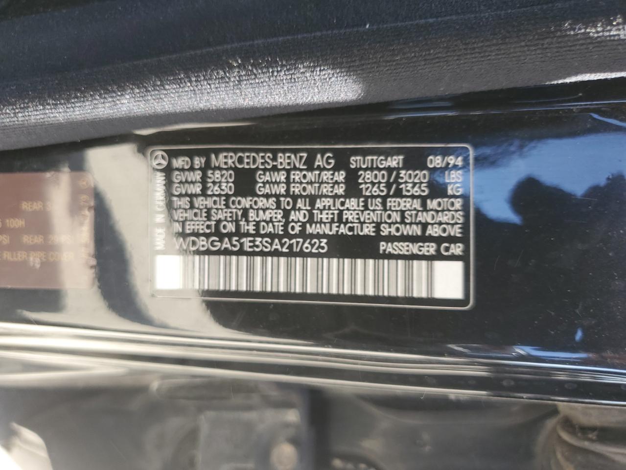 1995 Mercedes-benz S 500 Черный vin: WDBGA51E3SA217623