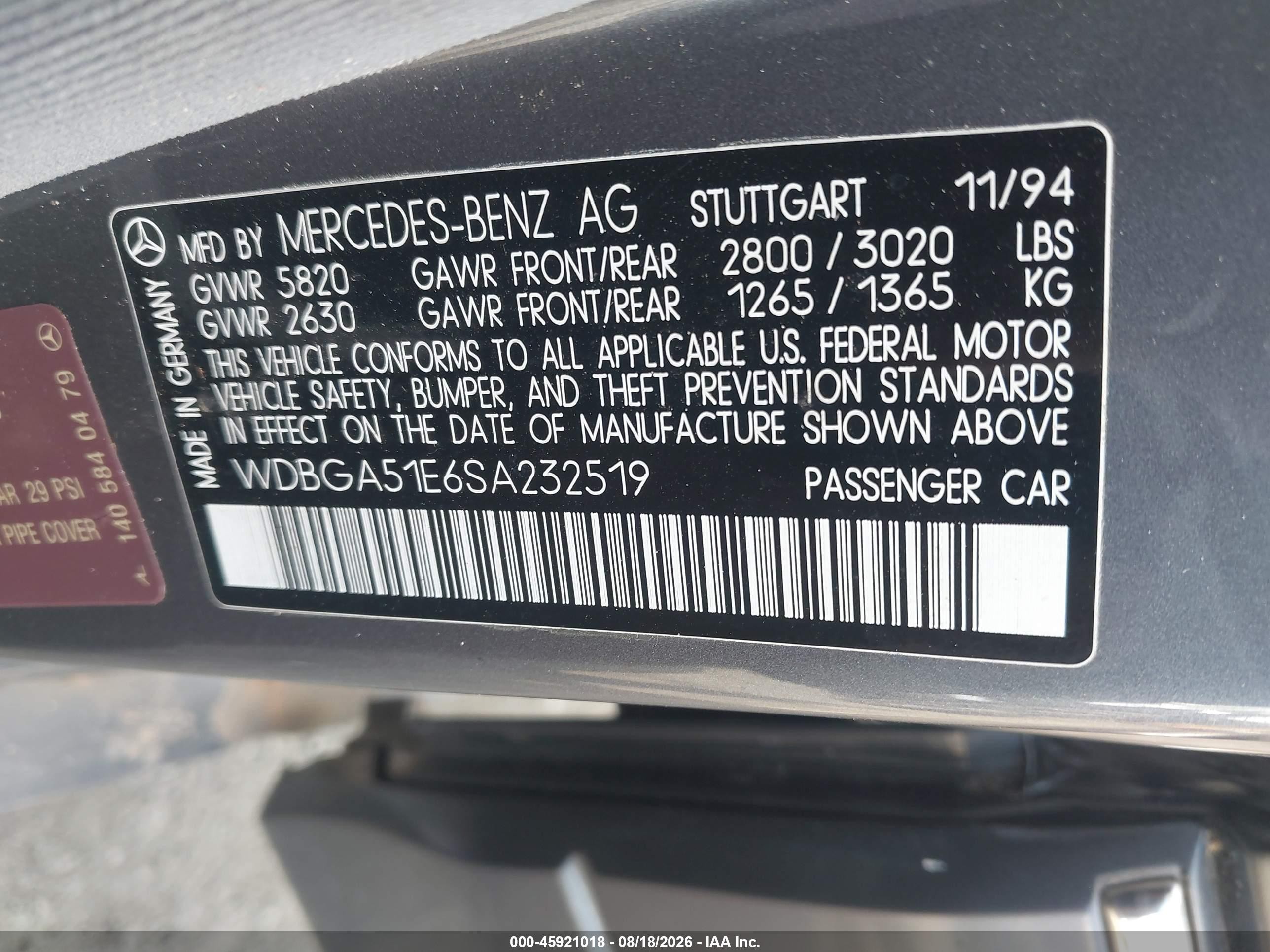 1995 Mercedes-benz S 500 Gray vin: WDBGA51E6SA232519