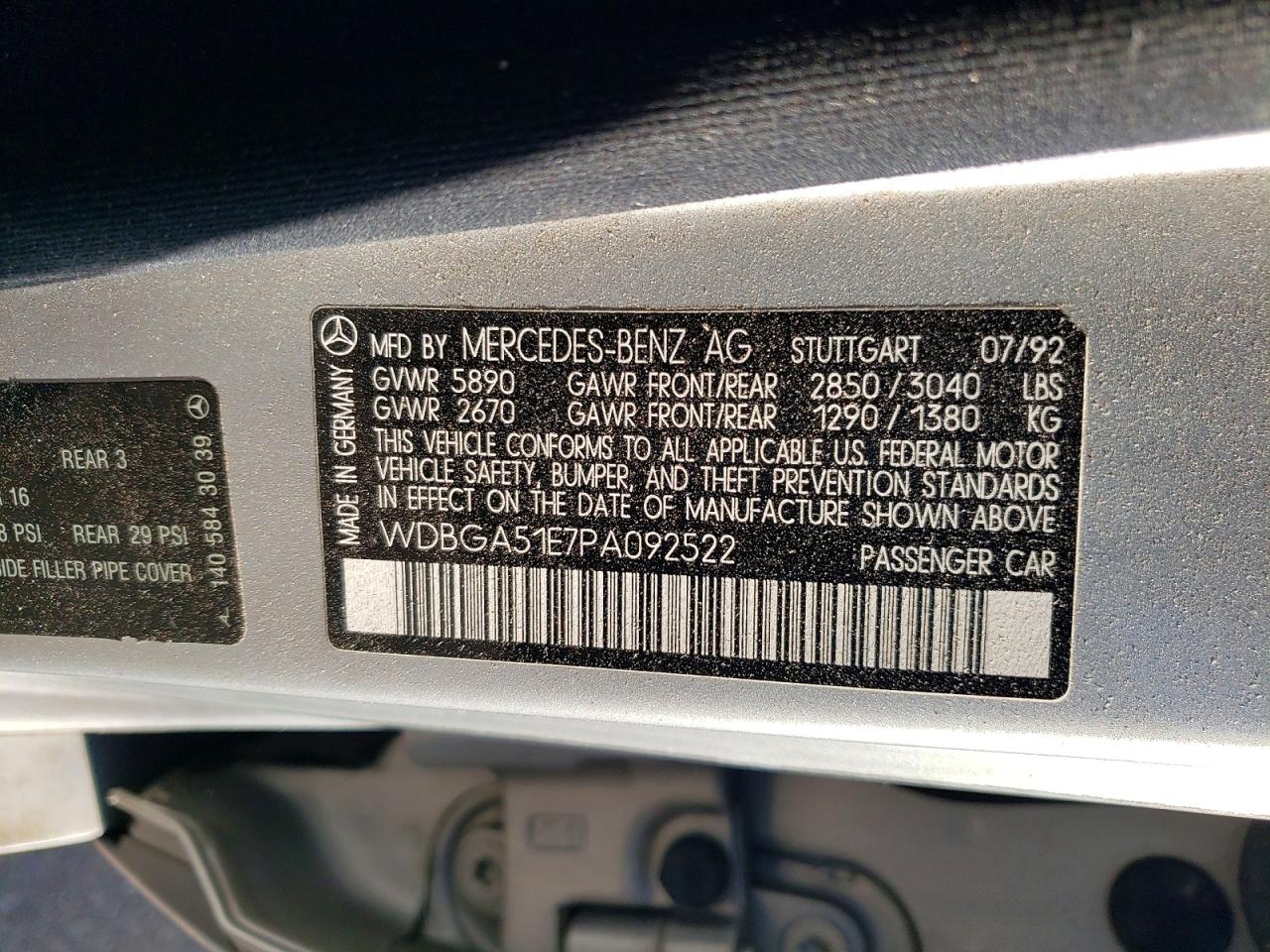 1993 Mercedes-benz 500 Sel Silver vin: WDBGA51E7PA092522