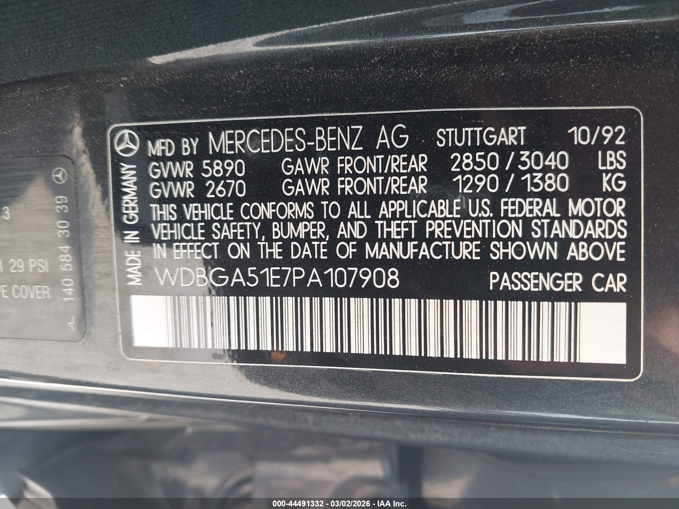 1993 Mercedes-benz 500 Sel Gray vin: WDBGA51E7PA107908