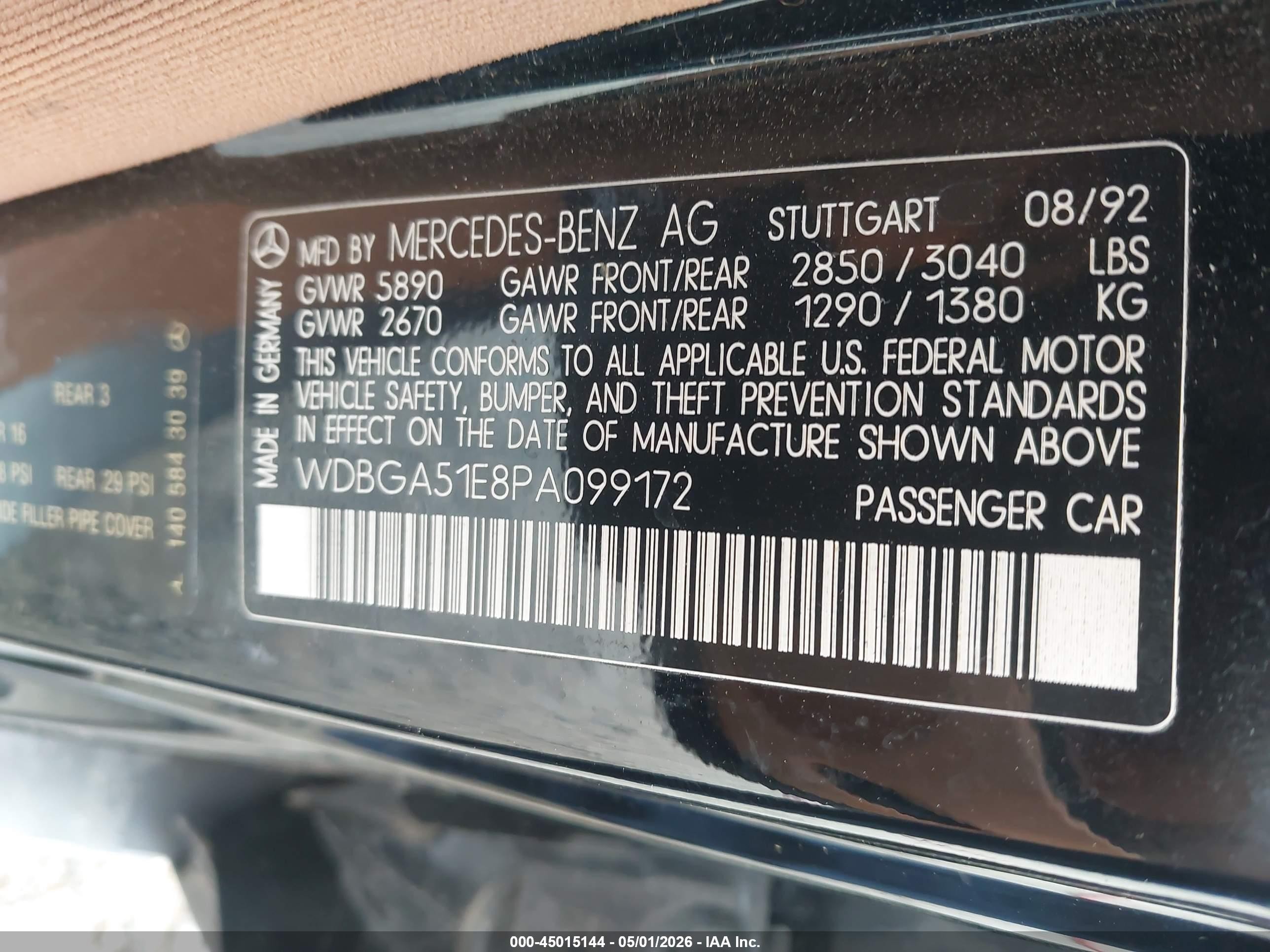 1993 Mercedes-benz 500 Sel Black vin: WDBGA51E8PA099172
