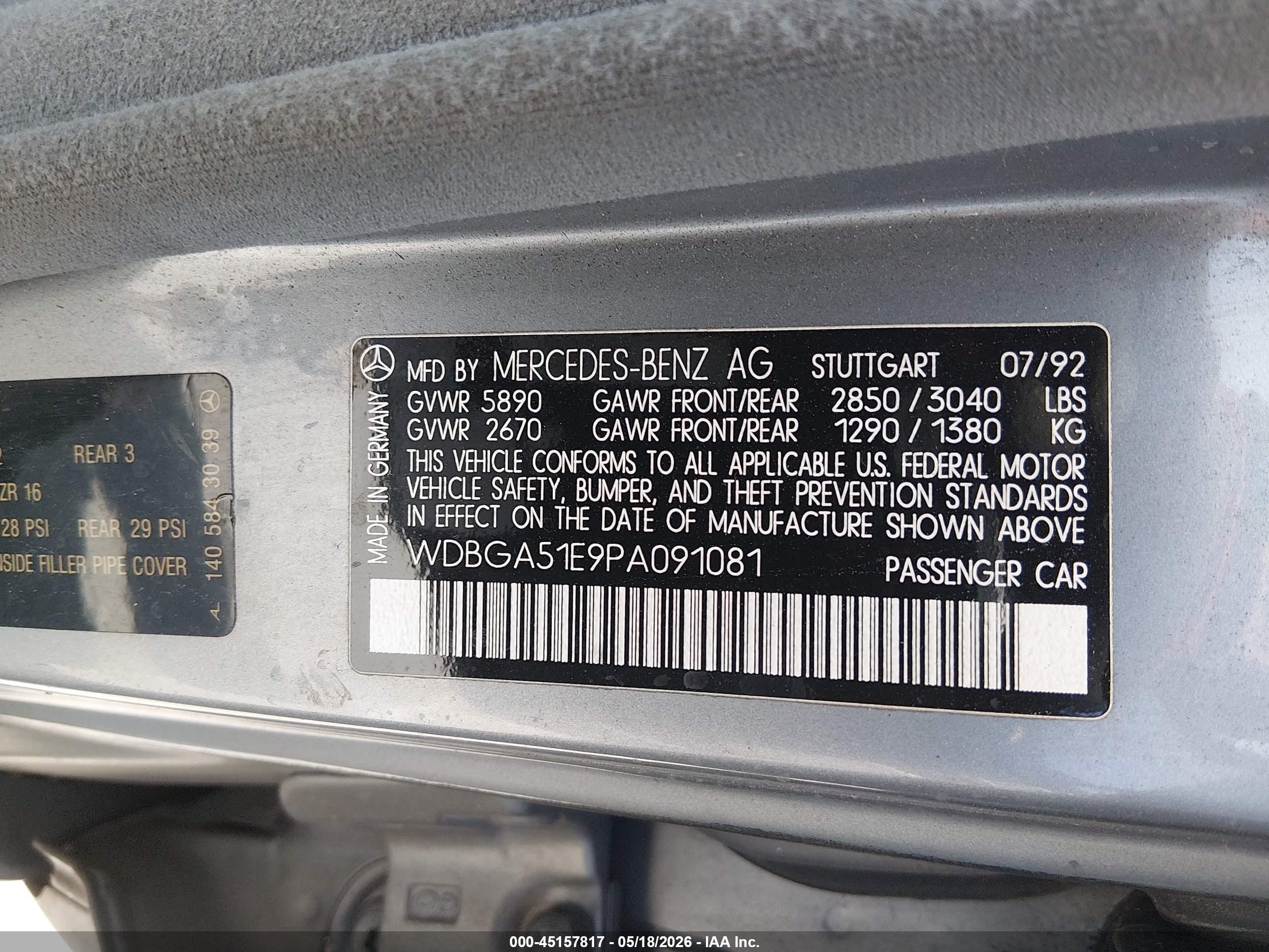1993 Mercedes-benz 500 Sel Gray vin: WDBGA51E9PA091081