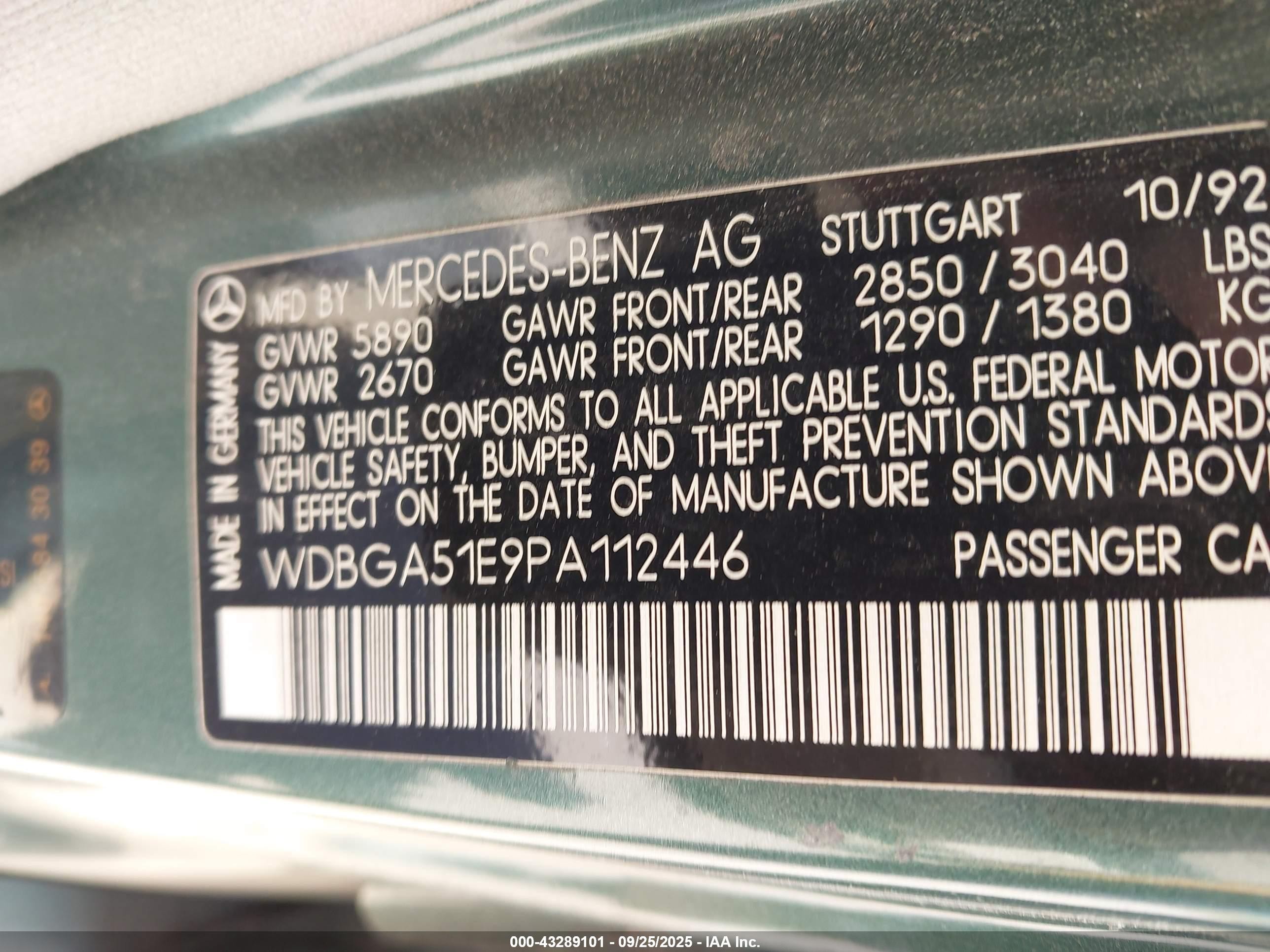 1993 Mercedes-benz 500 Sel Green vin: WDBGA51E9PA112446