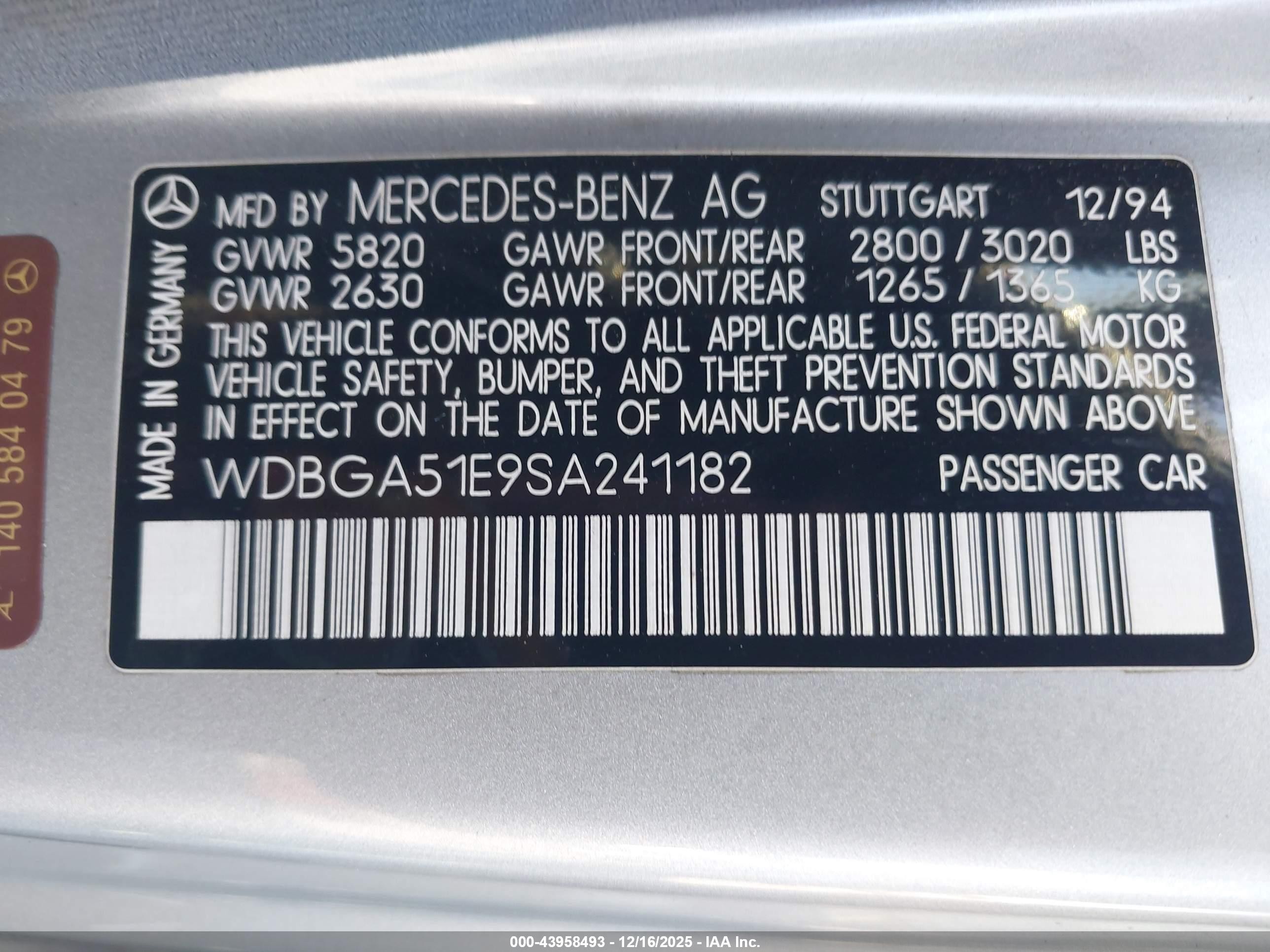 1995 Mercedes-benz S 500 Silver vin: WDBGA51E9SA241182