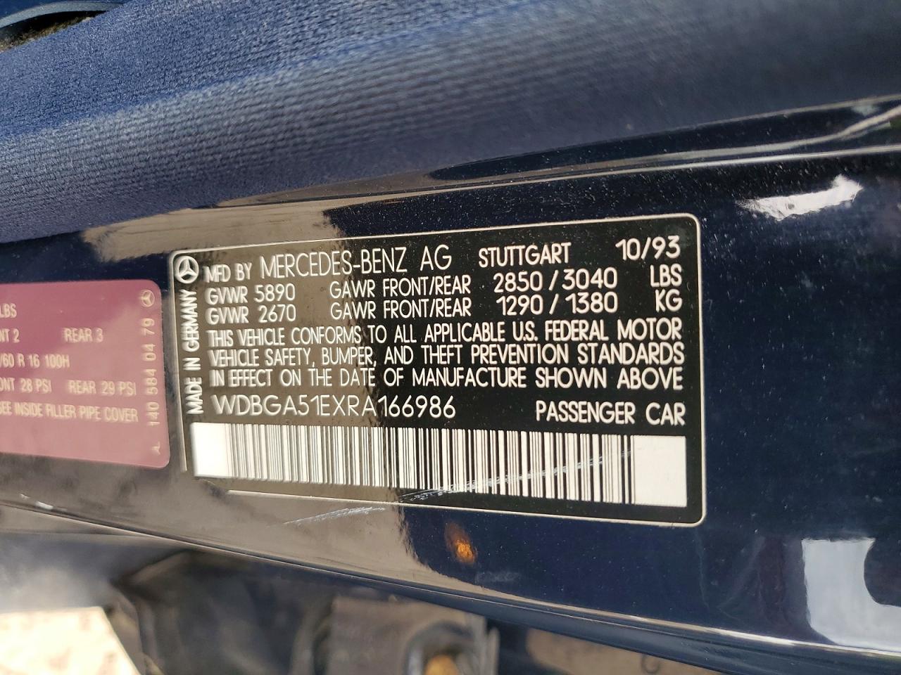 1994 Mercedes-benz S 500 Blue vin: WDBGA51EXRA166986