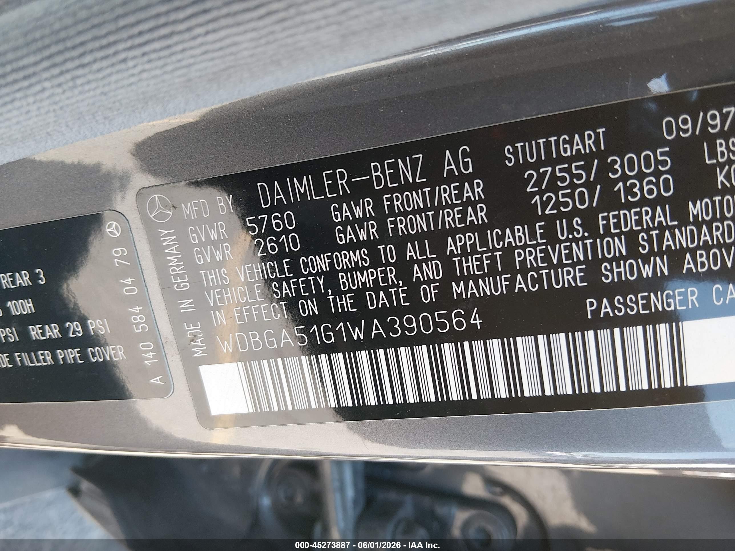 1998 Mercedes-benz S 500   Gray vin: WDBGA51G1WA390564