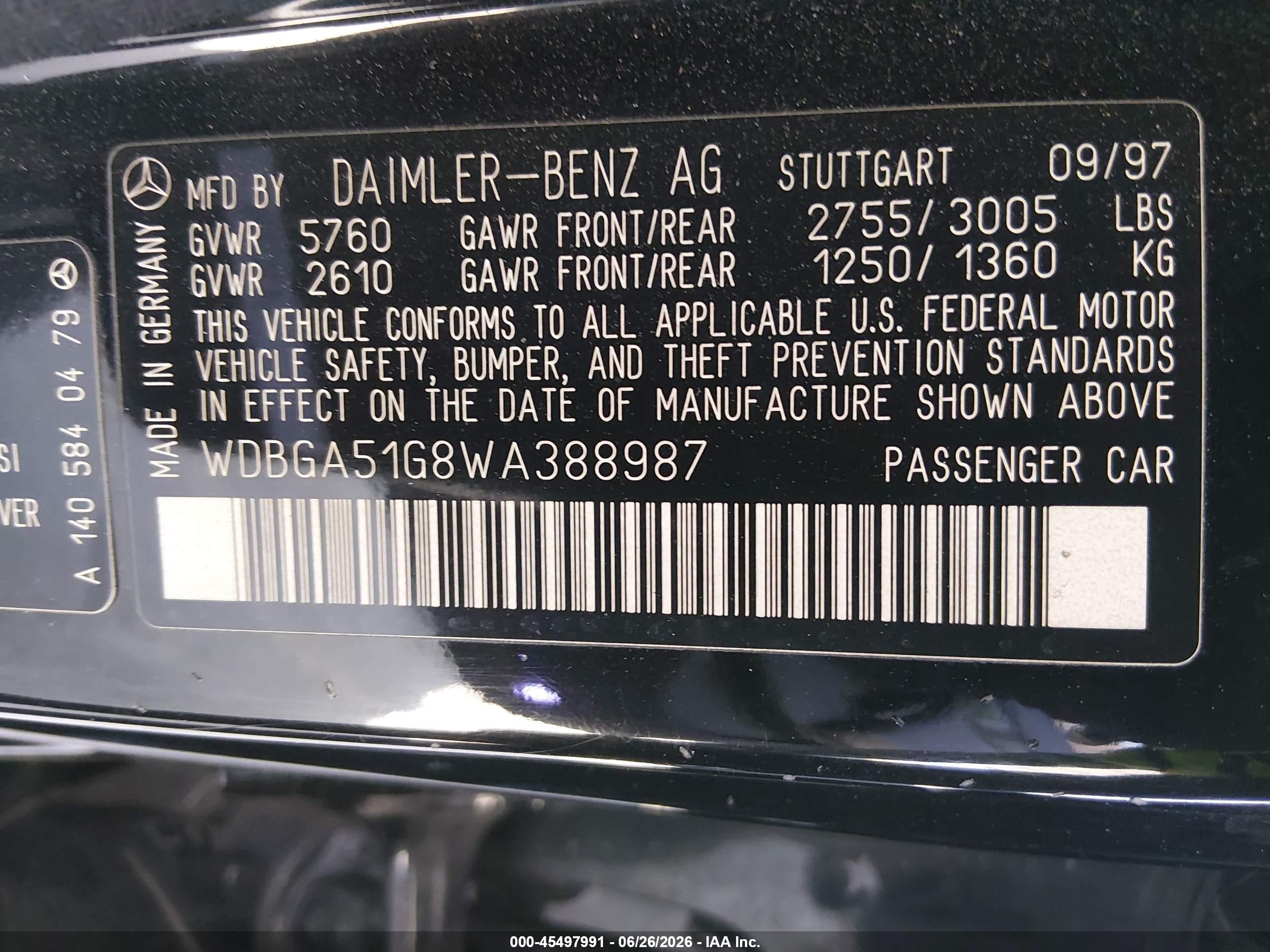 1998 Mercedes-benz S 500   Black vin: WDBGA51G8WA388987