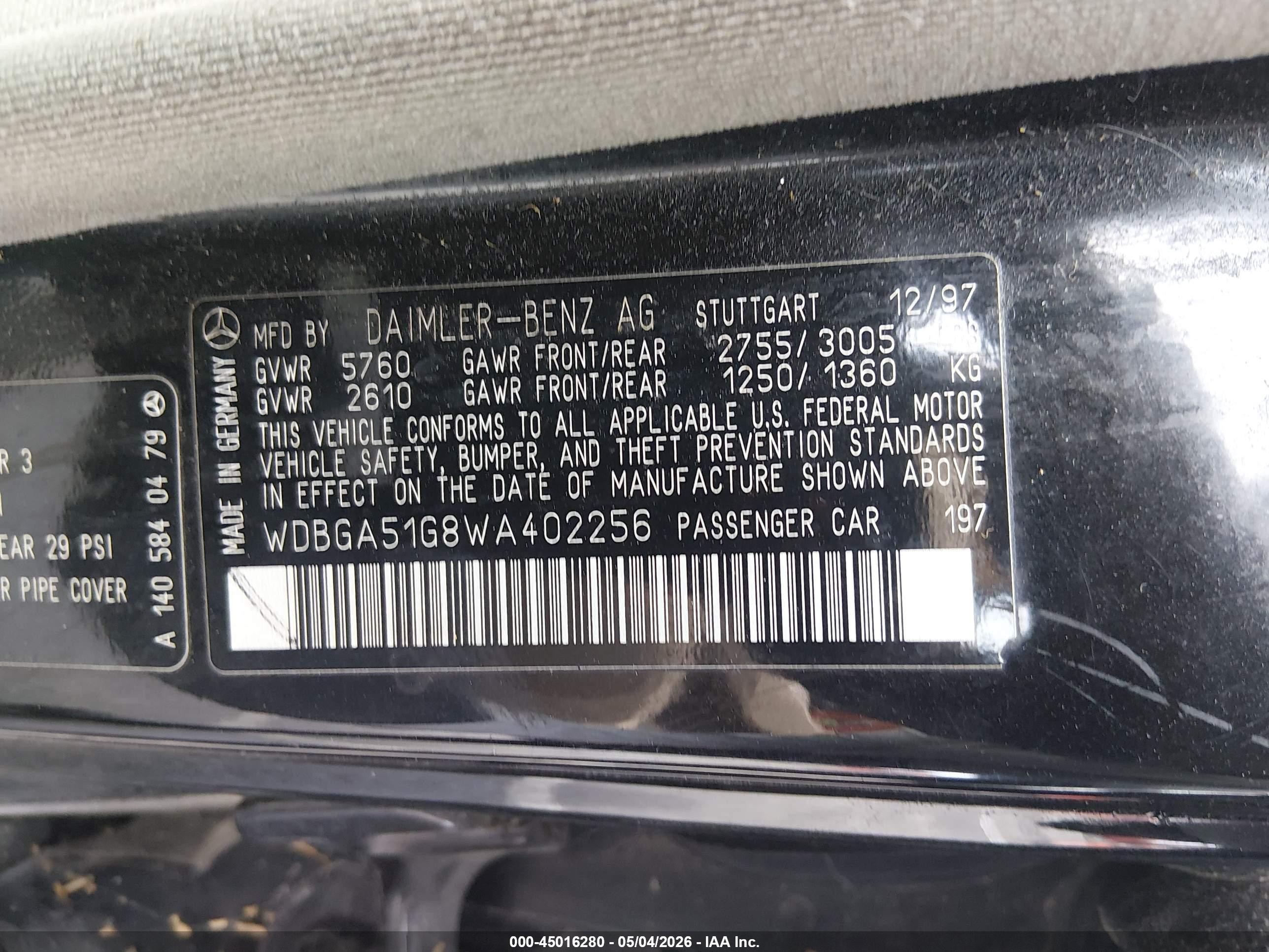 1998 Mercedes-benz S 500   Black vin: WDBGA51G8WA402256